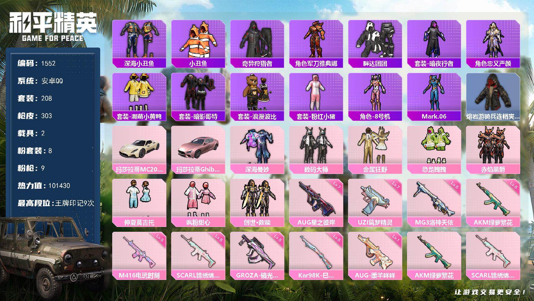 和平精英账号安卓QQ2载具-208套装-303枪皮-208套装/枪械9/装备362/载具2/战备165/王牌印记9/热力
