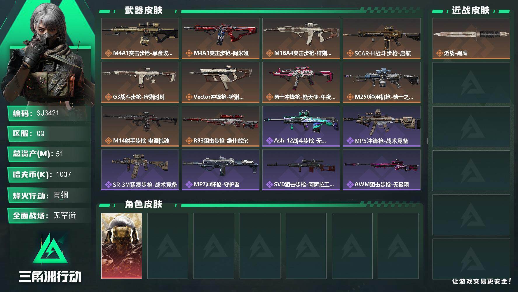 三角洲行动账号QQ【SJ3421】总资产(M)：51M/哈夫币(K)：1037K/哈夫币(K)：1037K/全面战场等级：1_段位：无段位/烽火地带等级：44_段位：青铜/红狼-蚀金玫瑰/近战-黑鹰/M4A1突击步枪