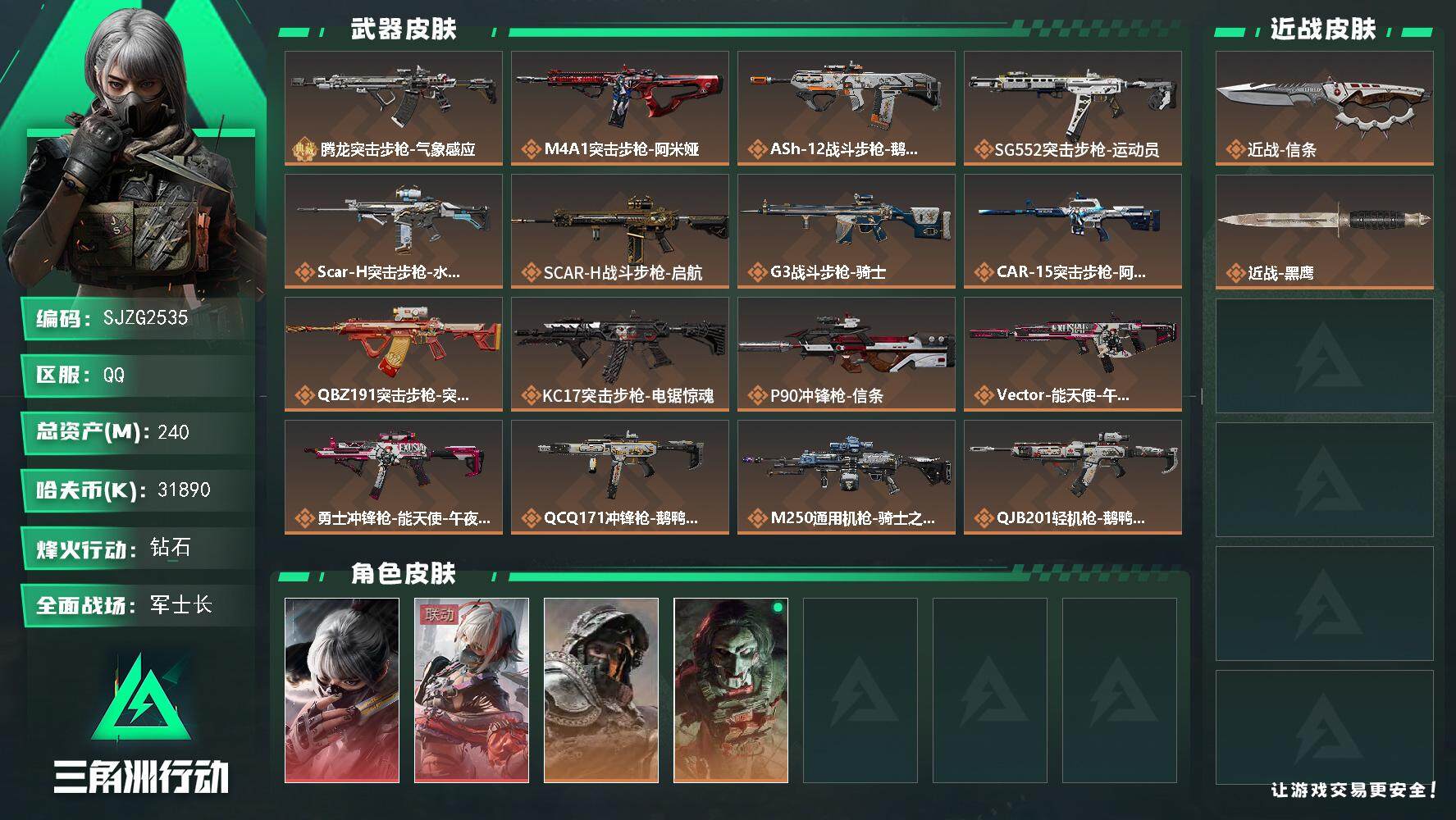 三角洲行动账号QQ【SJZG2535】总资产(M)：240M/哈夫币(K)：31890K/哈夫币(K)：31890K/