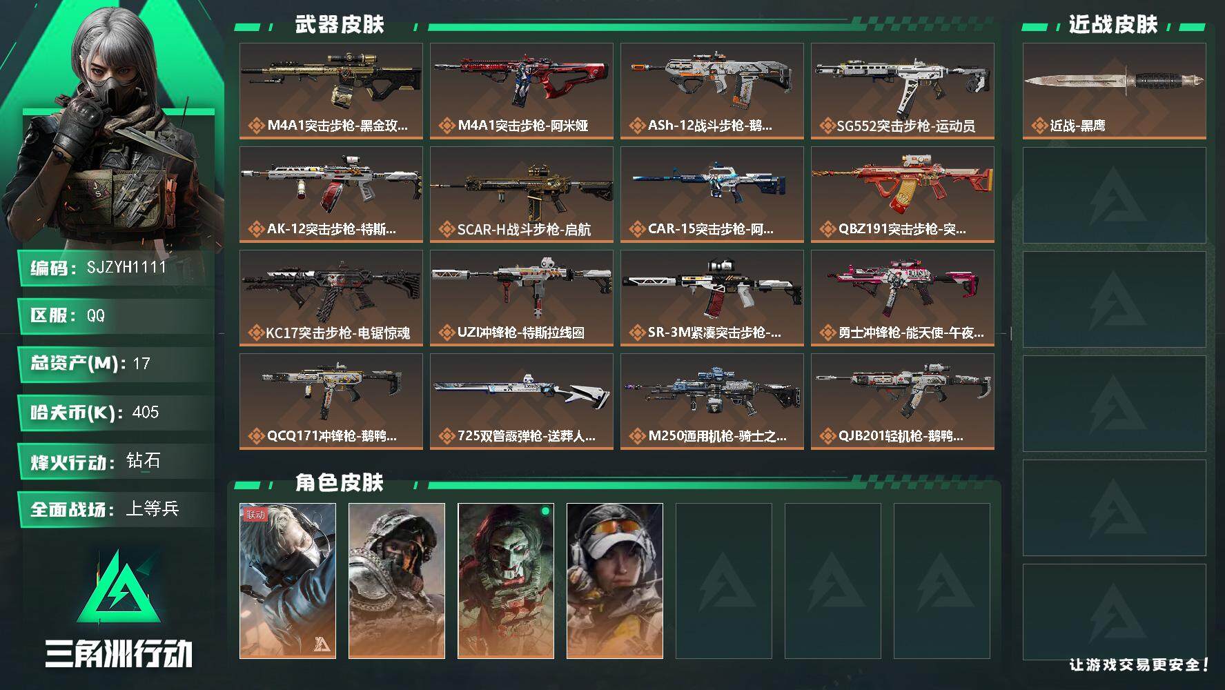 三角洲行动账号QQ【SJZYH1111】总资产(M)：17M/哈夫币(K)：405K/哈夫币(K)：405K/全面战场等级：22_段位：上等兵/烽火地带等级：60_段位：钻石/蜂医-送葬人·无题密令/深蓝-不破誓约/