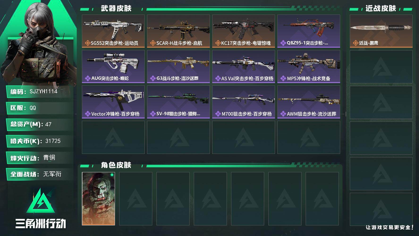 三角洲行动账号QQ【SJZYH1114】总资产(M)：47M/哈夫币(K)：31725K/哈夫币(K)：31725K/