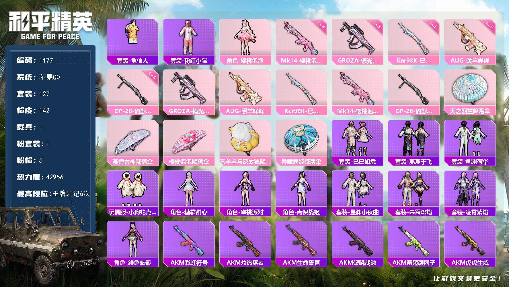 和平精英账号苹果QQdf苹果 手Q-【小公主号，女号，地铁天赋40点，AUG特效枪满级】1粉装-5特效枪-0载具-1粉色
