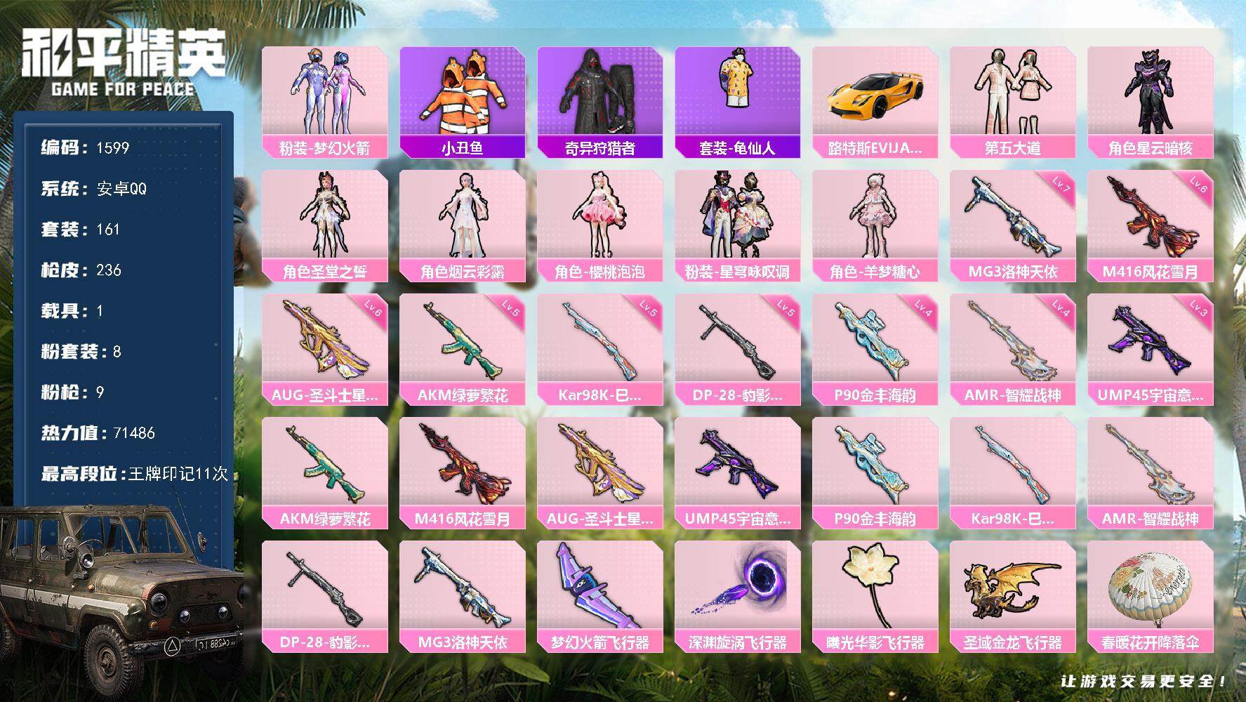和平精英账号安卓QQ1载具-161套装-236枪皮-161套装/枪械9/装备290/载具1/战备139/王牌印记11/热