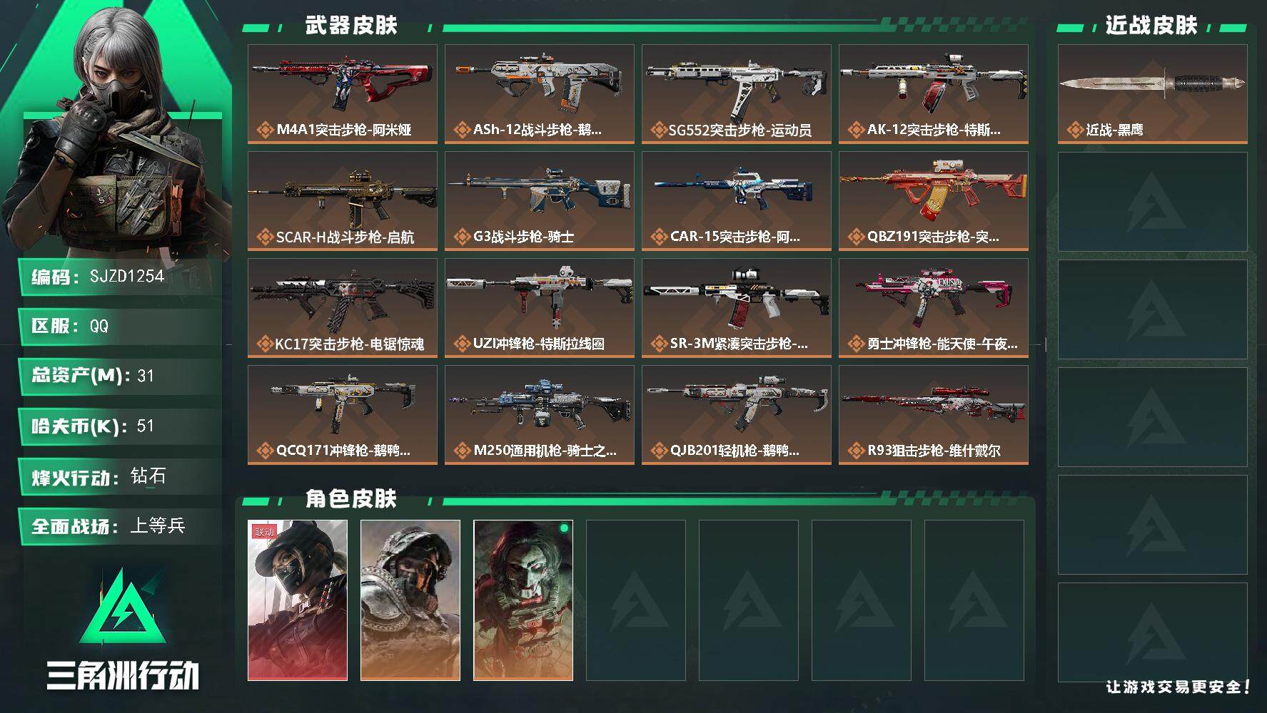 三角洲行动账号QQ【SJZD1254】总资产(M)：31M/哈夫币(K)：51K/哈夫币(K)：51K/传说枪皮数：1