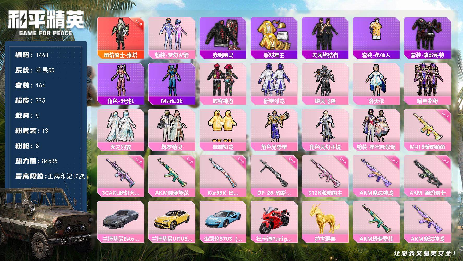 和平精英账号苹果QQ5载具-164套装-225枪皮-164套装/枪械8/装备336/载具5/战备171/王牌印记12/热