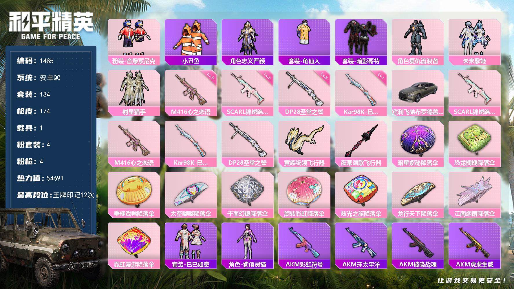 和平精英账号安卓QQ1载具-134套装-174枪皮-134套装/枪械4/装备238/载具1/战备129/王牌印记12/热