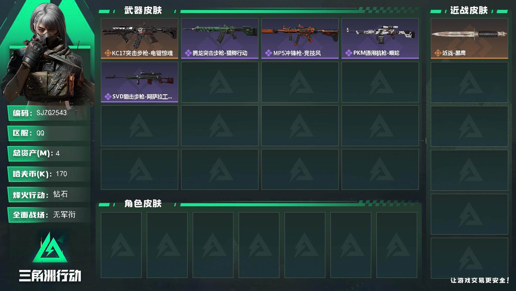 三角洲行动账号QQ【SJZG2543】总资产(M)：4M/哈夫币(K)：170K/哈夫币(K)：170K/全面战场等级：1_段位：无段位/烽火地带等级：60_段位：钻石/近战-黑鹰/KC17突击步枪-电锯惊魂/腾龙突