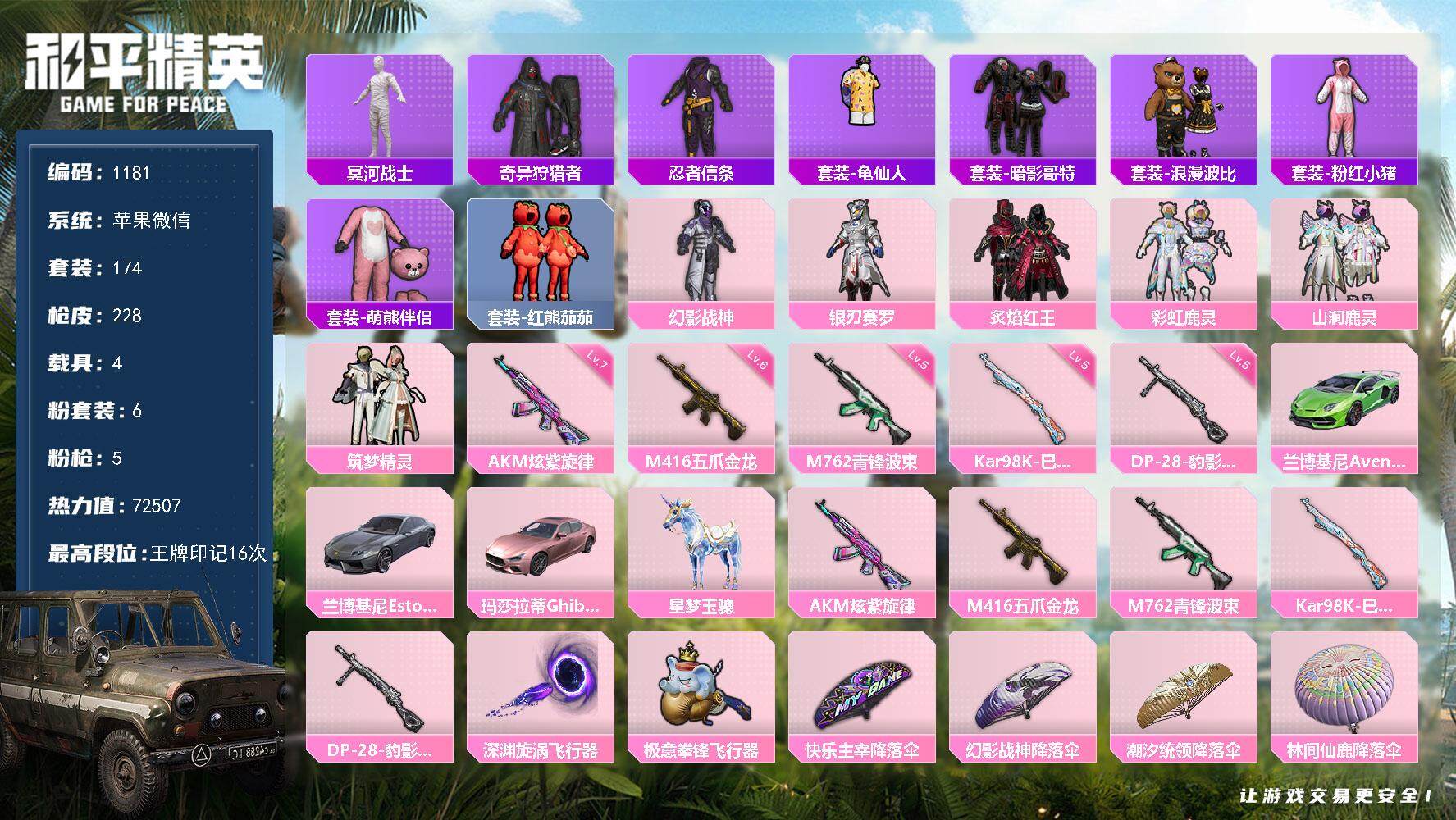 和平精英账号苹果微信4载具-174套装-228枪皮-df苹果 微信-【木乃伊，暗影哥特红眼罩，浪漫波比，萌熊伴侣，红熊茄