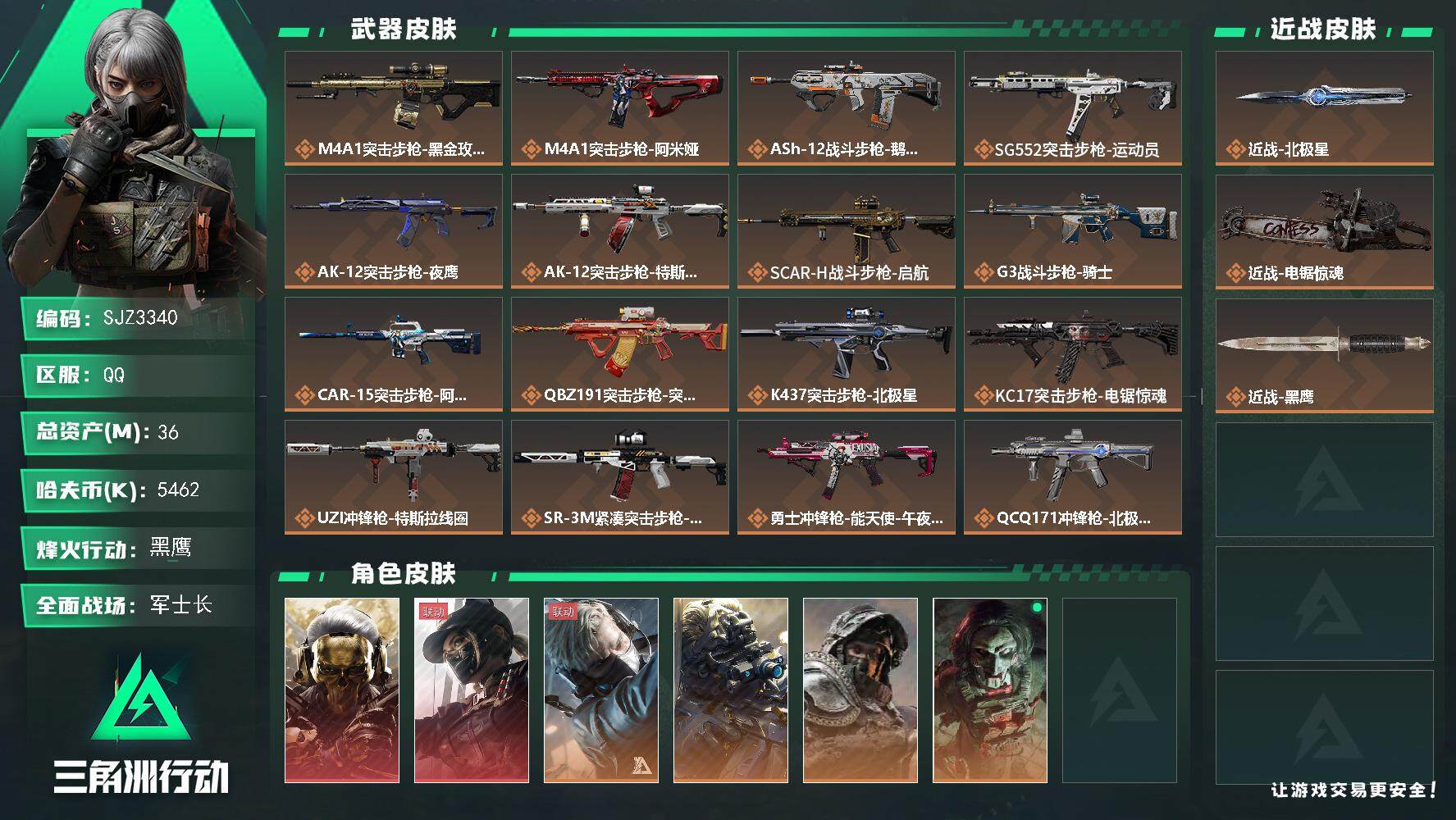 三角洲行动账号QQ【SJZ3340】总资产(M)：36M/哈夫币(K)：5462K/哈夫币(K)：5462K/全面战场