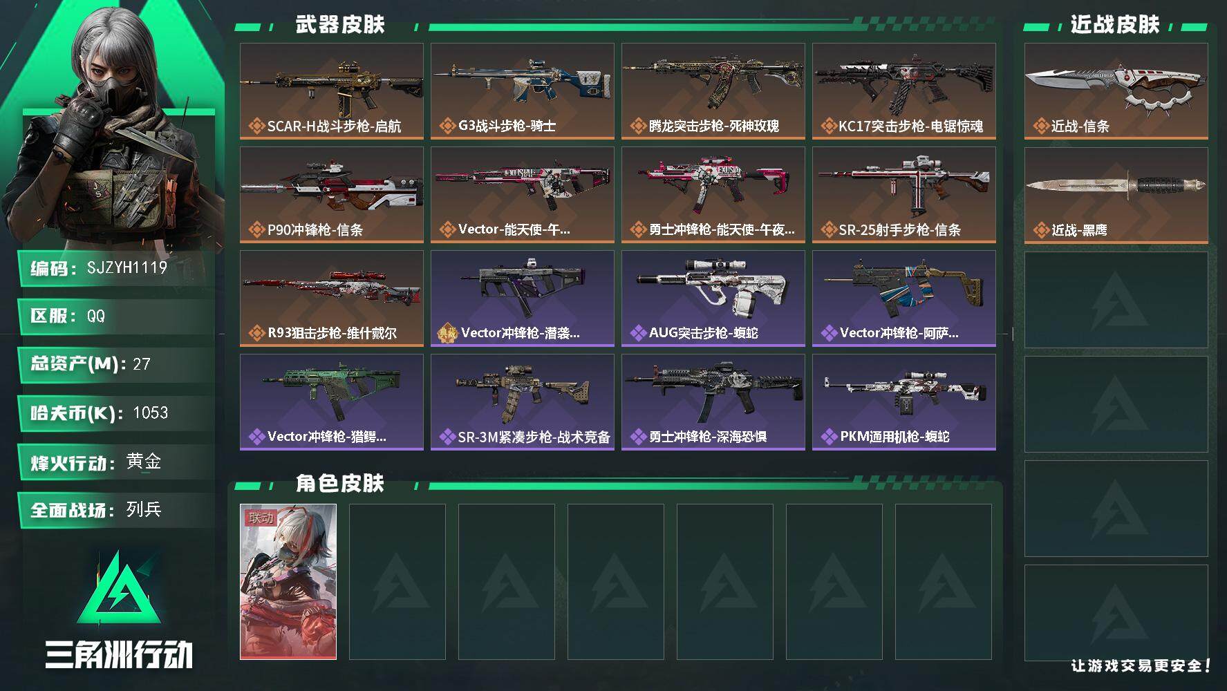 三角洲行动账号QQ【SJZYH1119】总资产(M)：27M/哈夫币(K)：1053K/哈夫币(K)：1053K/全面