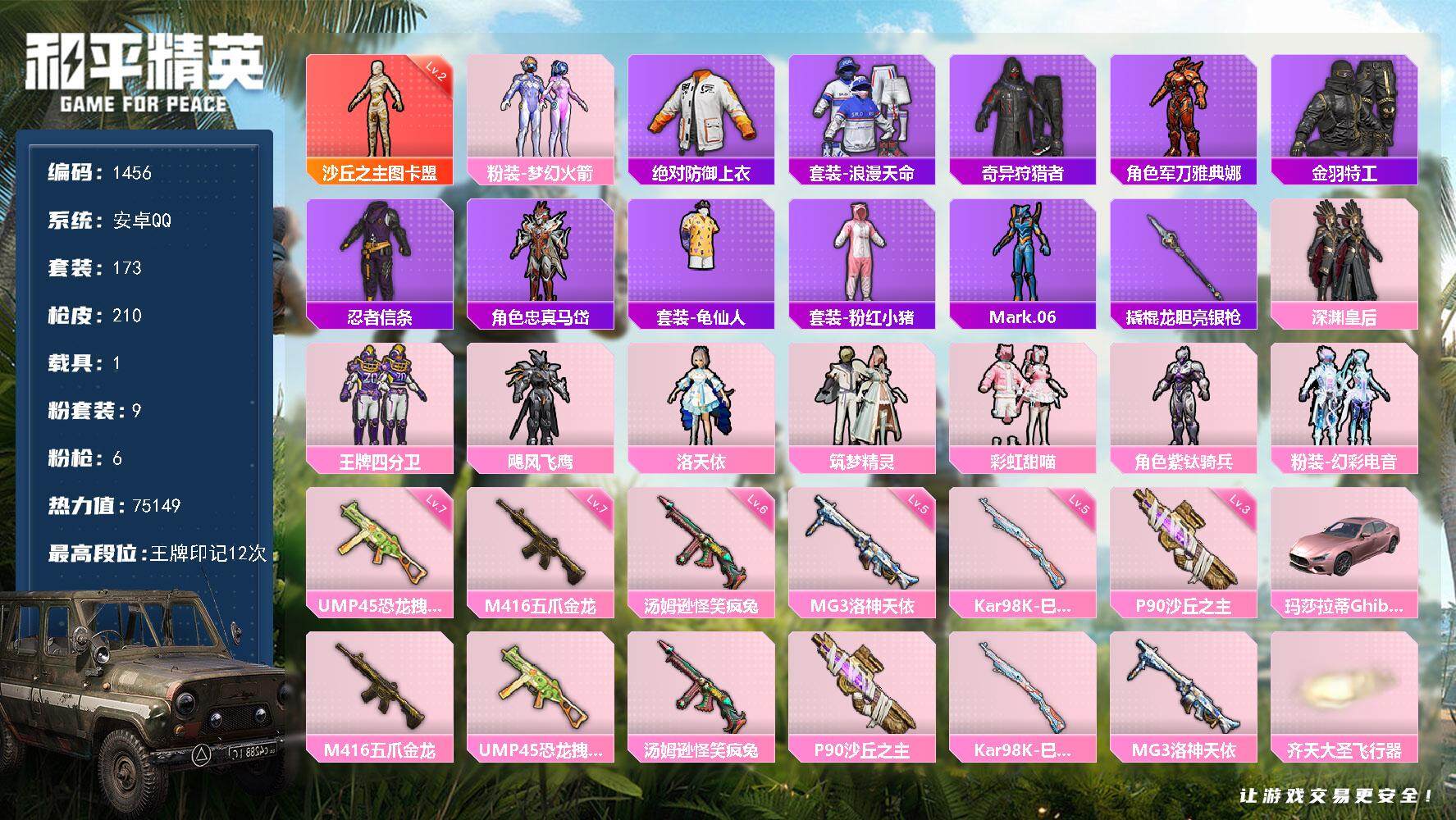 和平精英账号安卓QQ1载具-173套装-210枪皮-173套装/枪械6/装备279/载具1/战备161/王牌印记12/热