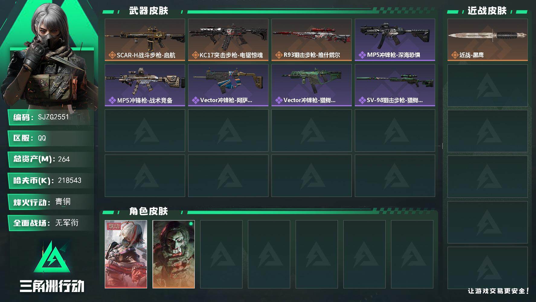 三角洲行动账号QQ【SJZG2551】总资产(M)：264M/哈夫币(K)：218543K/哈夫币(K)：218543K/全面战场等级：1_段位：无段位/烽火地带等级：60_段位：青铜/骇爪-维什戴尔/红狼-电锯惊魂