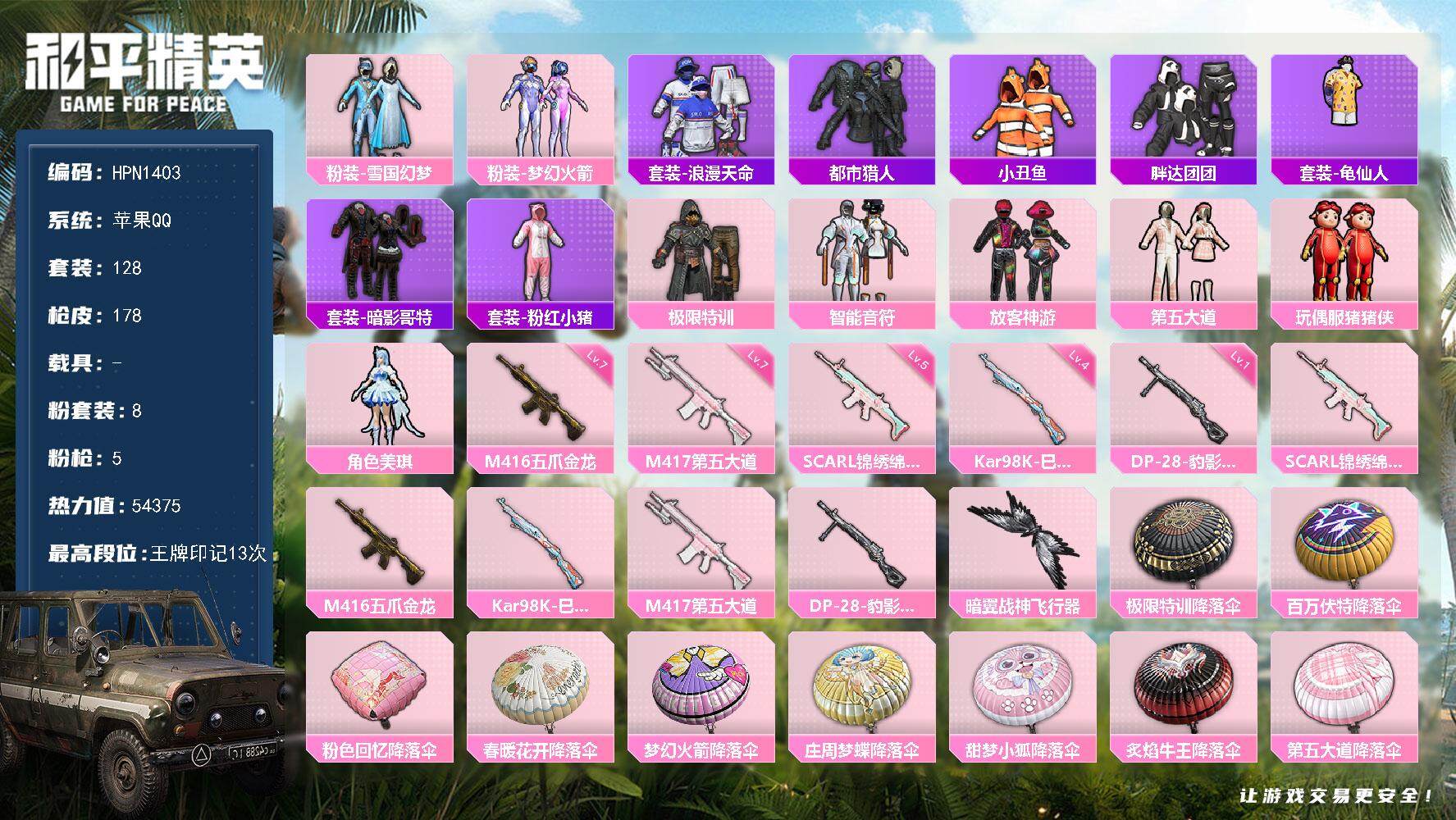 和平精英账号苹果QQ【HPN1403】128套装/枪械5/装备194/战备142/王牌印记13/热力值54375/五级SCAR-L-锦绣绵绵/七级M416-五爪金龙/四级Kar98K-巳巳如意/七级M417-第五大道/