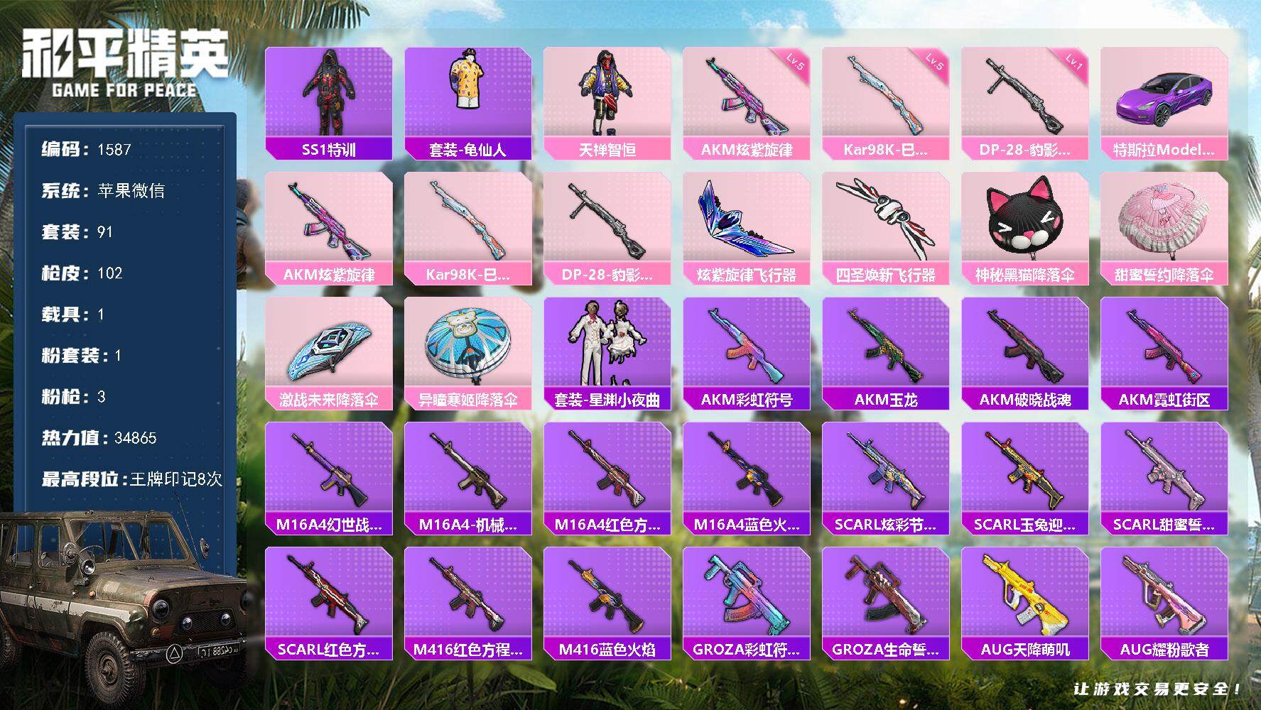 和平精英账号苹果微信1载具-91套装-102枪皮-91套装/枪械3/装备99/载具1/战备75/王牌印记8/热力值348