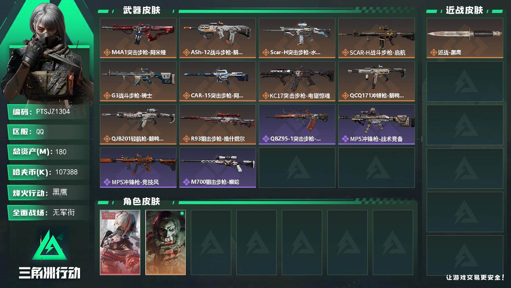 三角洲行动账号QQ【PTSJZ1304】【最新上架】180m总资产-k哈伏币 部门：22321 -60烽火等级-黑鹰-