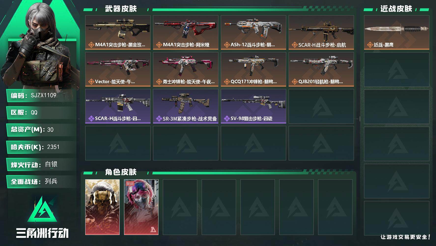 三角洲行动账号QQ【SJZX1109】总资产(M)：30M/哈夫币(K)：2351K/哈夫币(K)：2351K/全面战场等级：11_段位：列兵/烽火地带等级：46_段位：白银/红狼-蚀金玫瑰/蛊-能天使午夜邮差/近战
