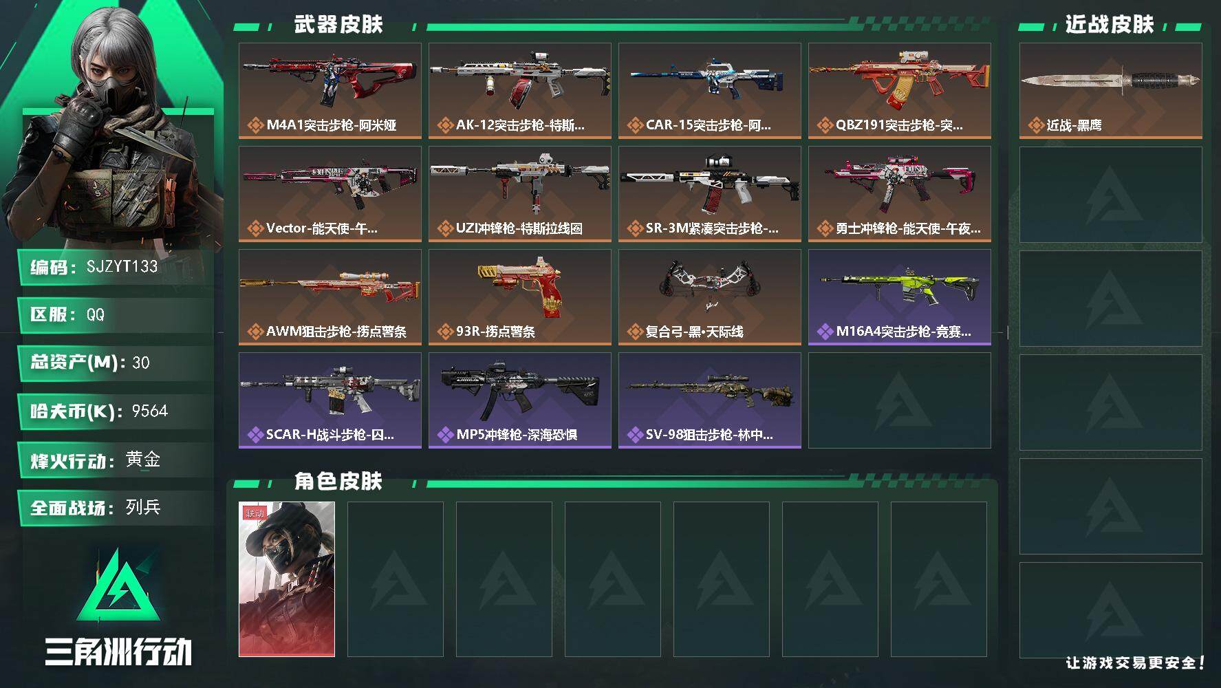 三角洲行动账号QQ【SJZYT133】总资产(M)：30M/哈夫币(K)：9564K/哈夫币(K)：9564K/传说枪皮数：11/全面战场等级：9_段位：列兵/烽火地带等级：46_段位：黄金/露娜-黑·天际线/近战-