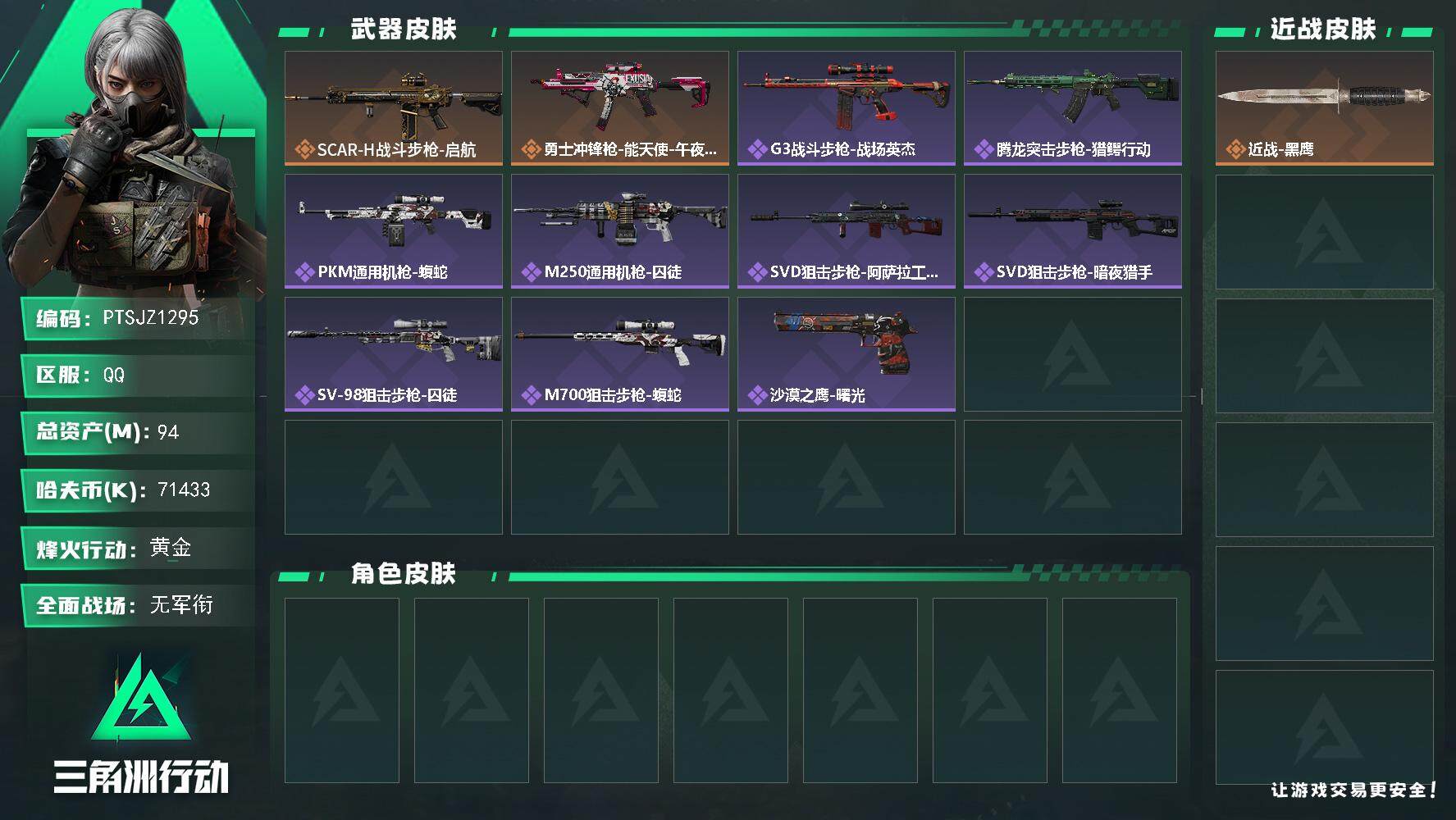 三角洲行动账号QQ【PTSJZ1295】【最新上架】94m总资产-71433k哈伏币-54烽火等级-黄金-1战场等级-