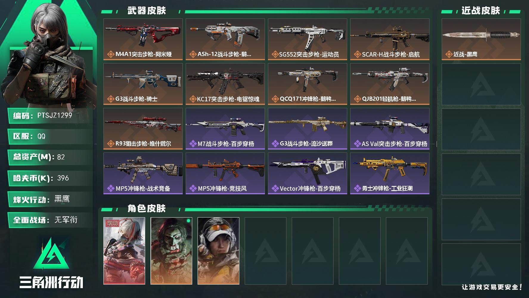三角洲行动账号QQ【PTSJZ1299】【最新上架】82m总资产-396k哈伏币-60烽火等级-黑鹰-1战场等级-无军