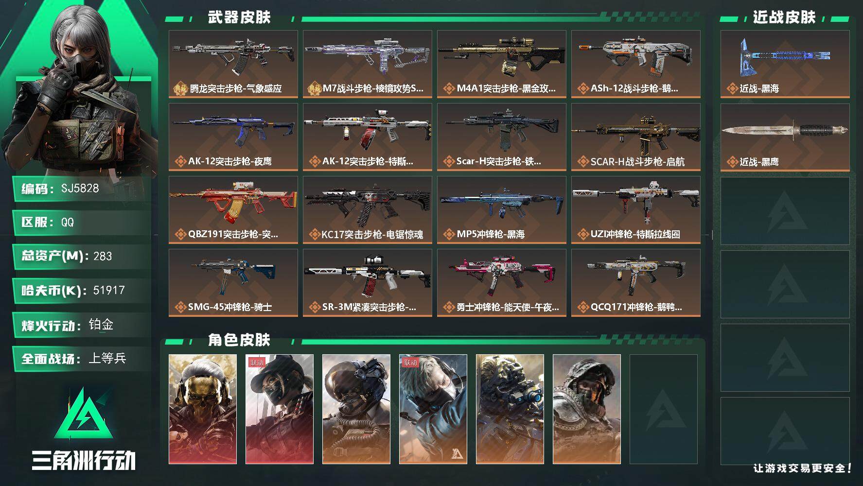 三角洲行动账号QQ【SJ5828】总资产(M)：283M/哈夫币(K)：51917K/哈夫币(K)：51917K/传说