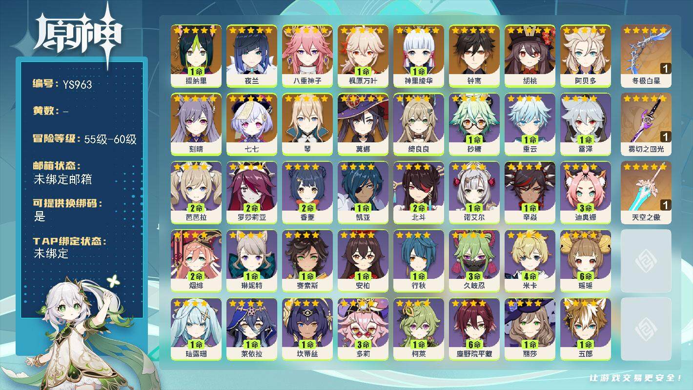 原神账号官服 天空岛【YS963】56级/女主/13个五星角色/1命提纳里/0命夜兰/0命八重神子/1命神里绫华/1命枫原万叶/0命胡桃/0命阿贝多/0命钟离/0命琴/0命刻晴/0命莫娜/0命七七/精1冬极白星/精1雾