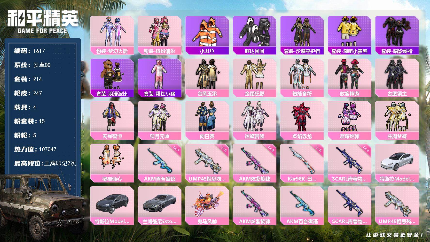和平精英账号安卓QQ4载具-214套装-247枪皮-214套装/枪械5/装备379/载具4/战备182/王牌印记2/热力