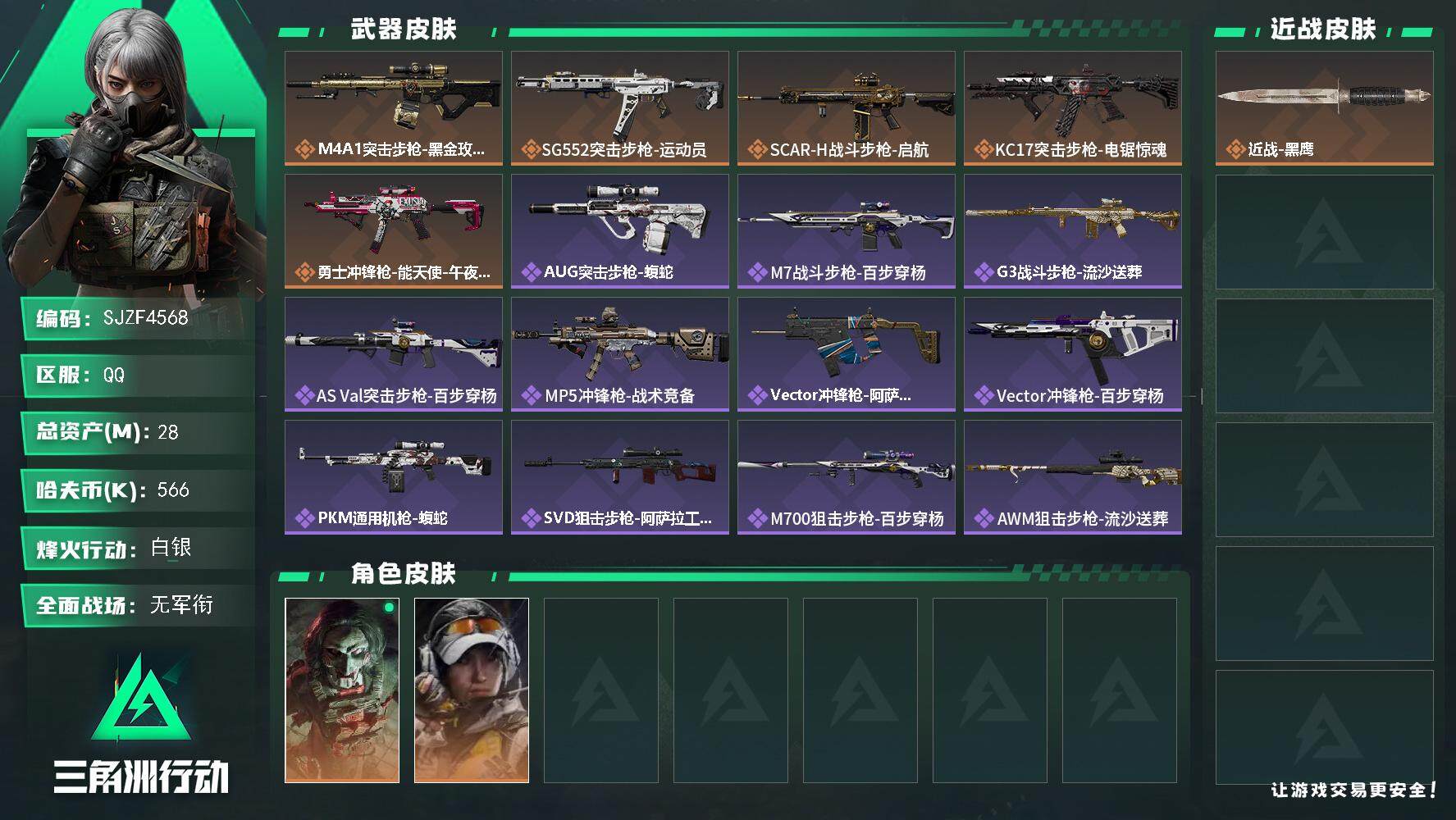 三角洲行动账号QQ【SJZF4568】总资产(M)：28M/哈夫币(K)：566K/哈夫币(K)：566K/全面战场等级：5_段位：无段位/烽火地带等级：60_段位：白银/红狼-电锯惊魂/露娜-金牌射手/近战-黑鹰/