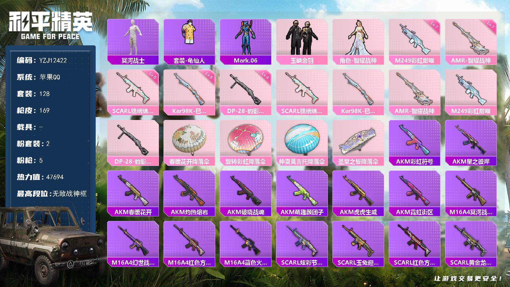 和平精英账号苹果QQYZJ12422-可二次-苹果Q-1稀有2粉装5特效枪10热门【身法战神号 木乃伊 战神框 满级AM