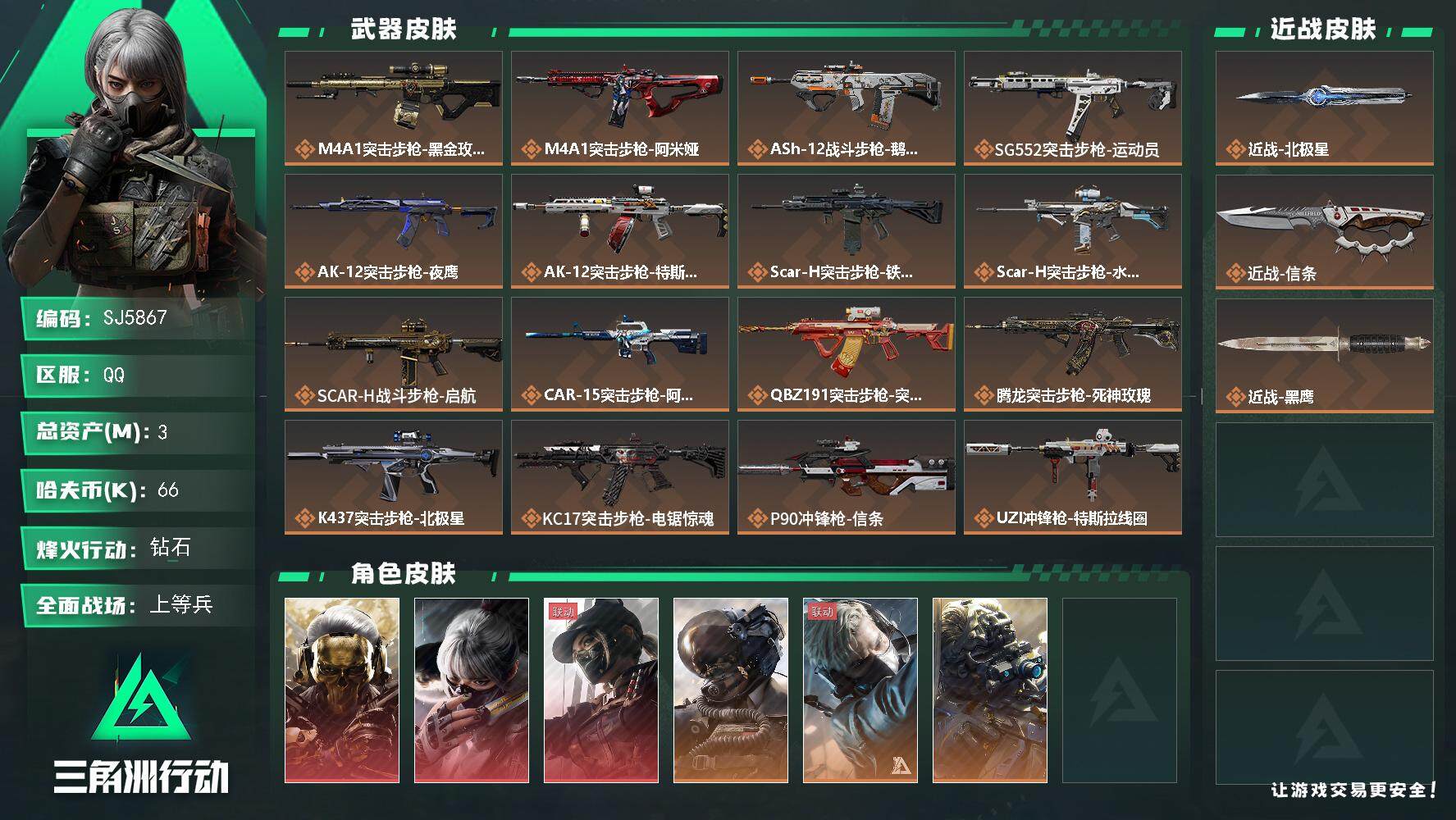 三角洲行动账号QQ【SJ5867】总资产(M)：3M/哈夫币(K)：66K/哈夫币(K)：66K/全面战场等级：38_