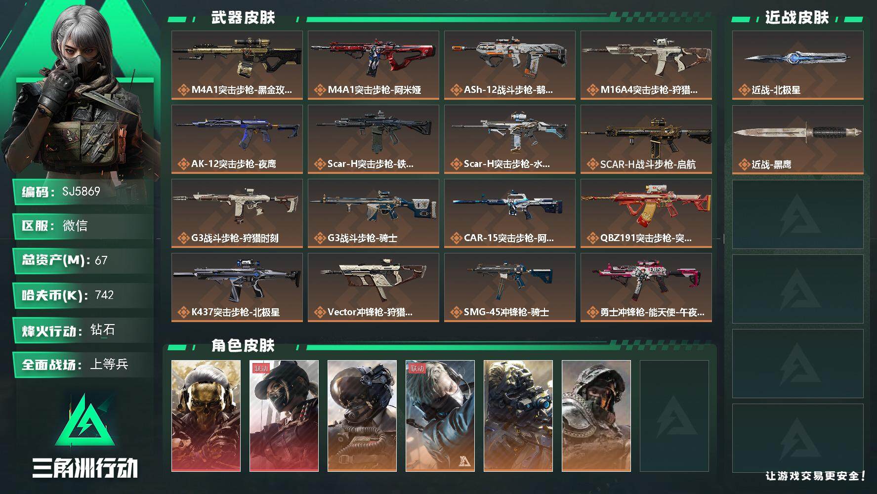 三角洲行动账号VX【SJ5869】总资产(M)：67M/哈夫币(K)：742K/哈夫币(K)：742K/全面战场等级：30_段位：上等兵/烽火地带等级：60_段位：钻石/红狼-蚀金玫瑰/露娜-黑·天际线/威龙-壮志凌