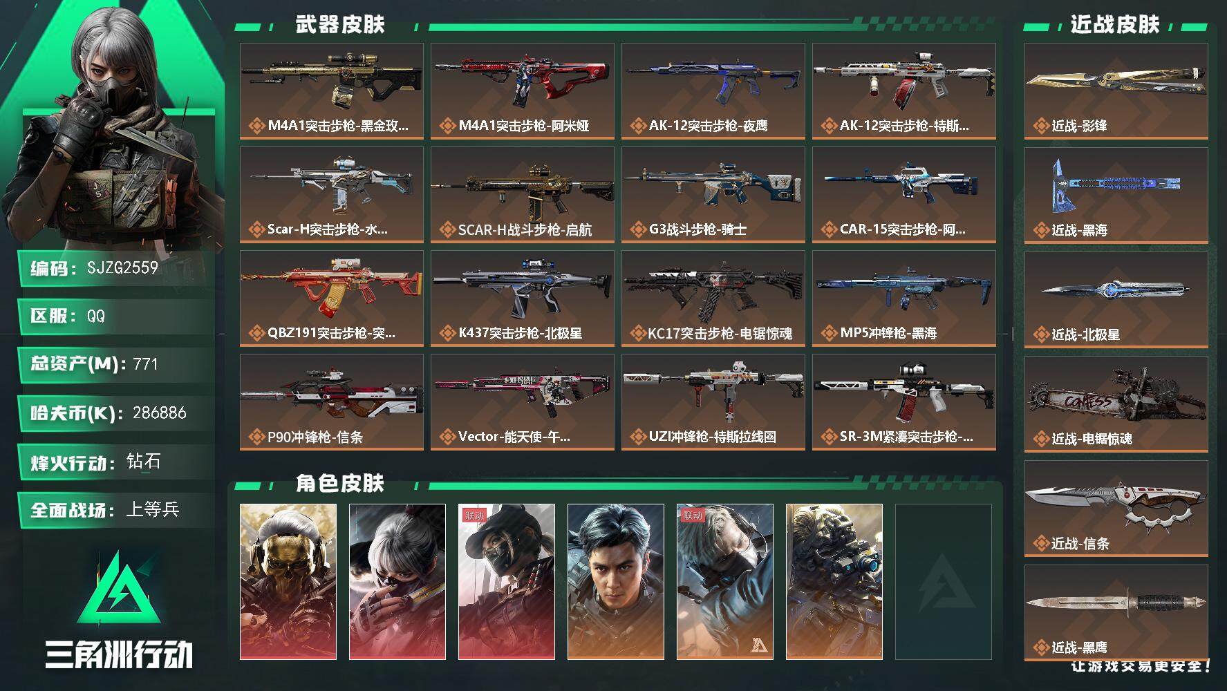 三角洲行动账号QQ【SJZG2559】总资产(M)：771M/哈夫币(K)：286886K/哈夫币(K)：286886