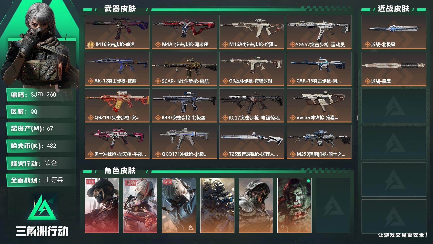 三角洲行动账号QQ【SJZD1260】总资产(M)：67M/哈夫币(K)：482K/哈夫币(K)：482K/传说枪皮数