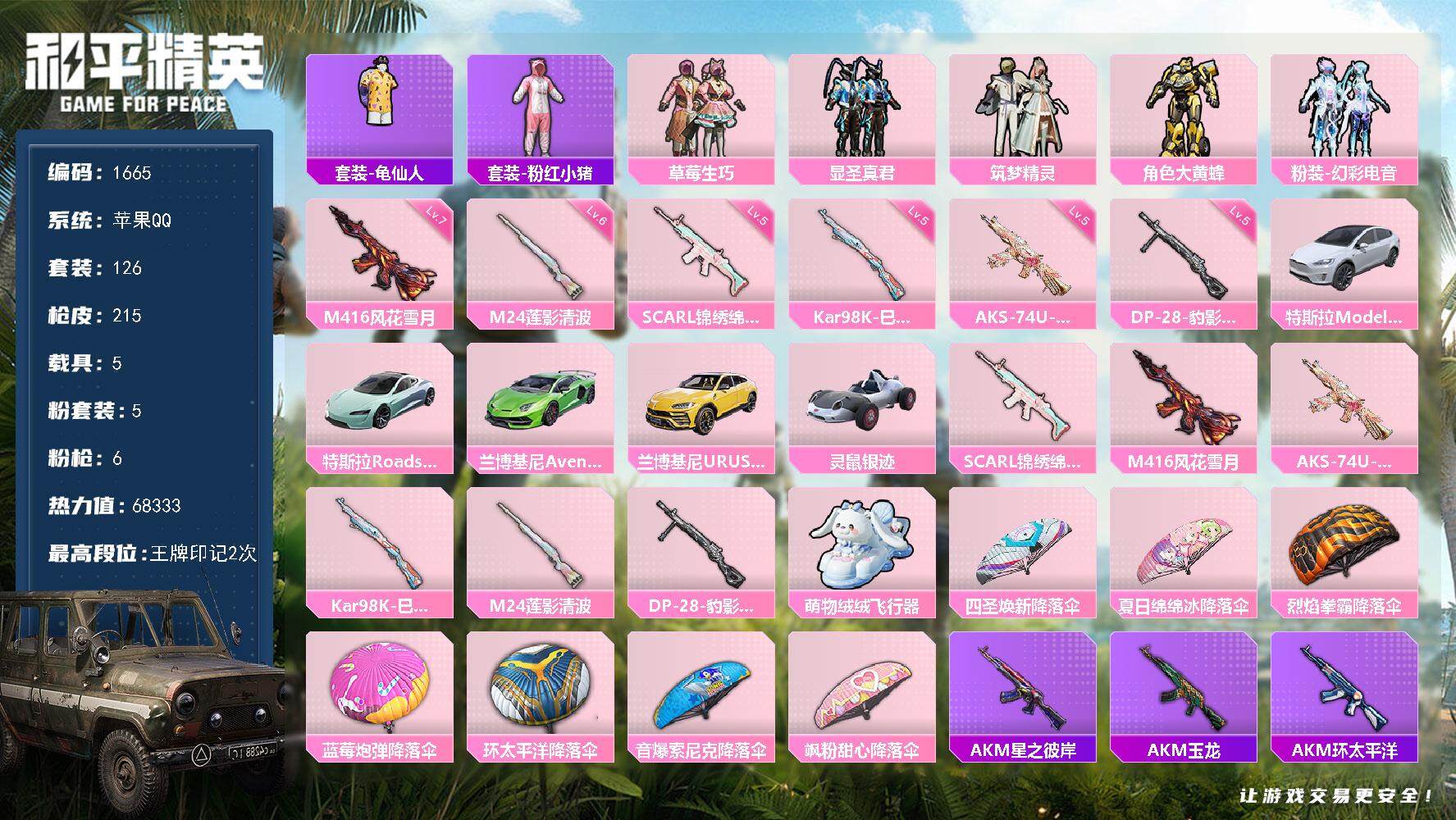 和平精英账号苹果QQ5载具-126套装-215枪皮-126套装/枪械6/装备253/载具5/战备125/王牌印记2/热力