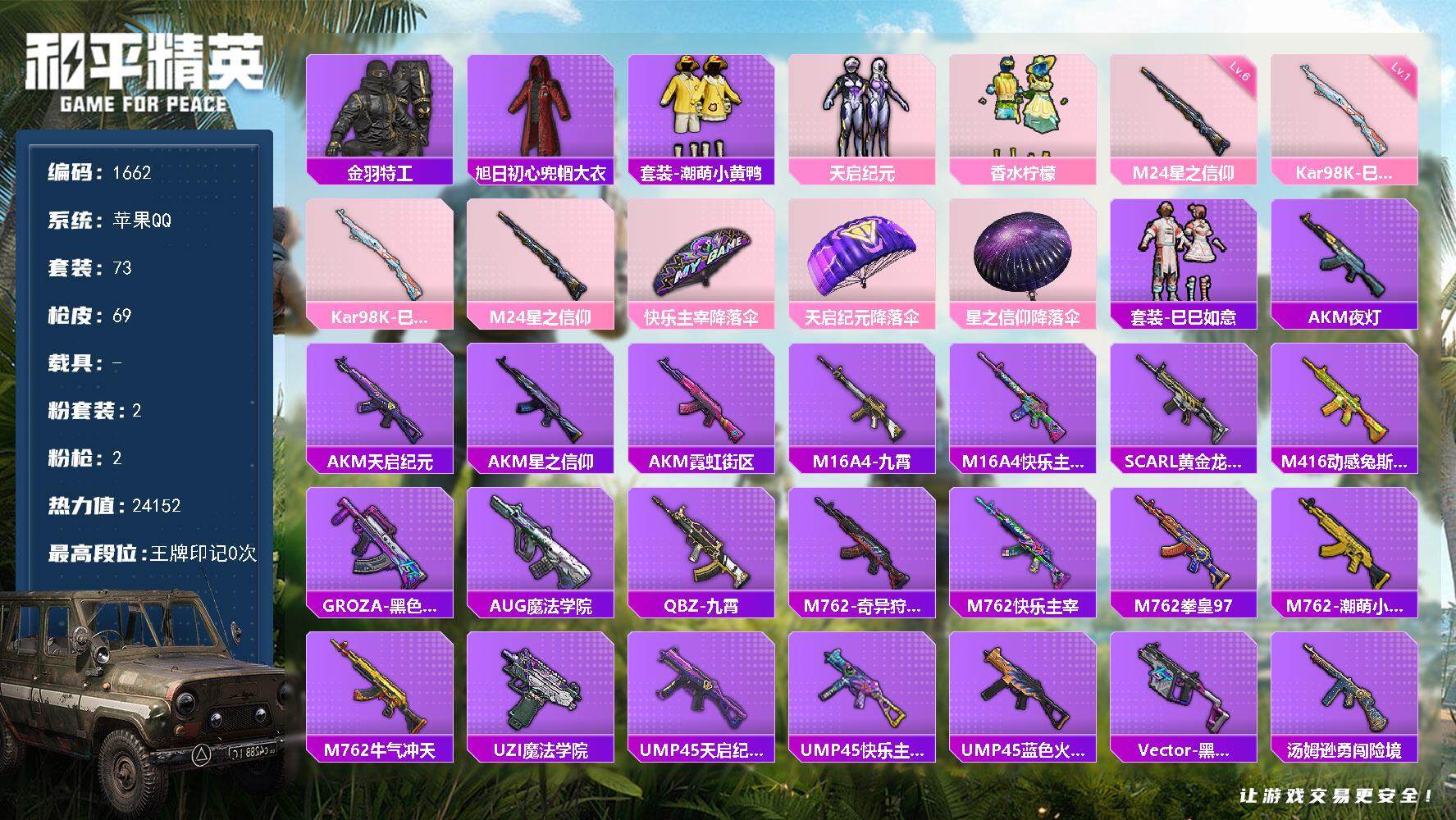 和平精英账号苹果QQ0载具-73套装-69枪皮-73套装/枪械2/装备81/战备56/热力值24152/Kar98K-巳