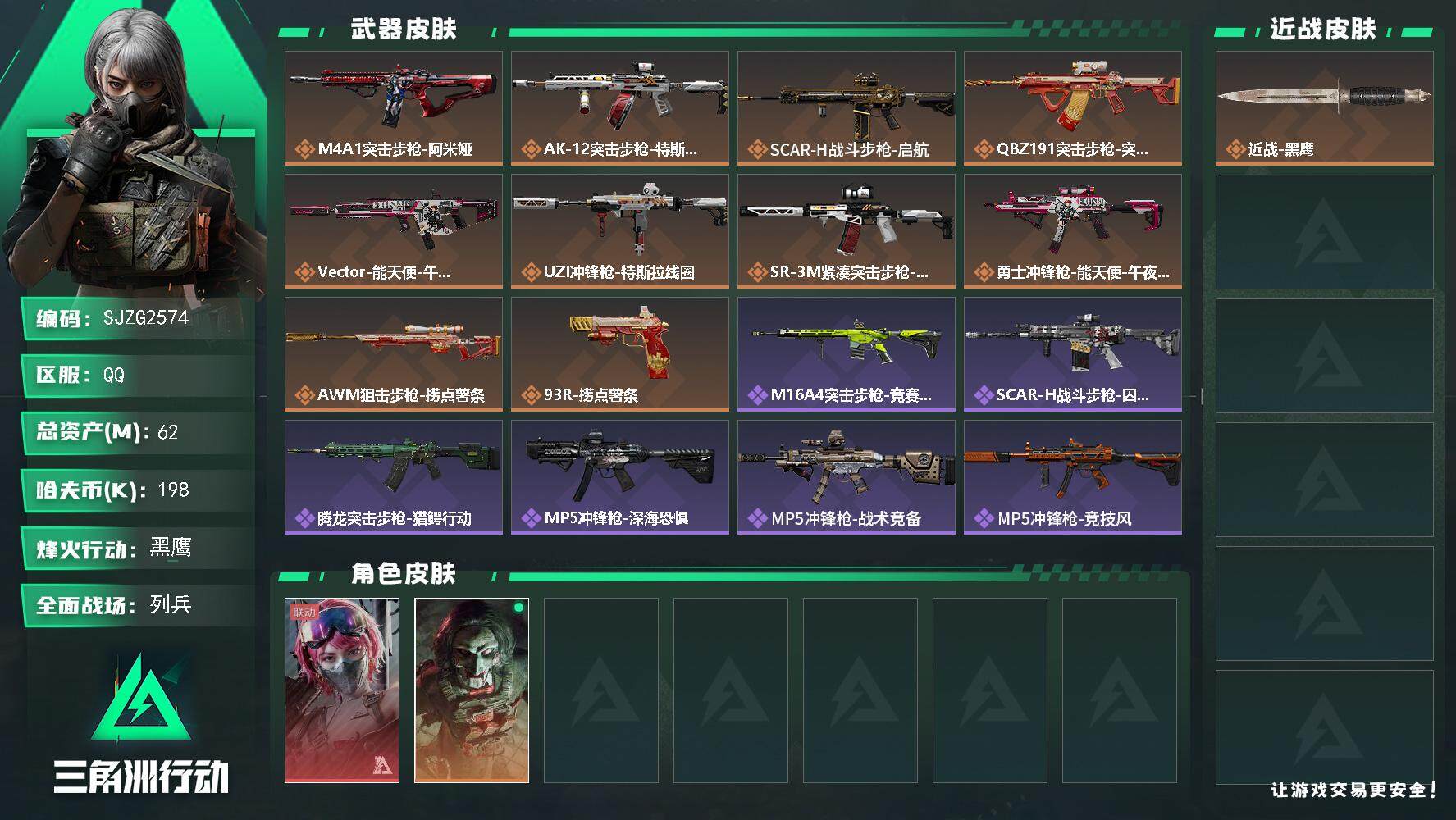 三角洲行动账号QQ【SJZG2574】总资产(M)：62M/哈夫币(K)：198K/哈夫币(K)：198K/全面战场等