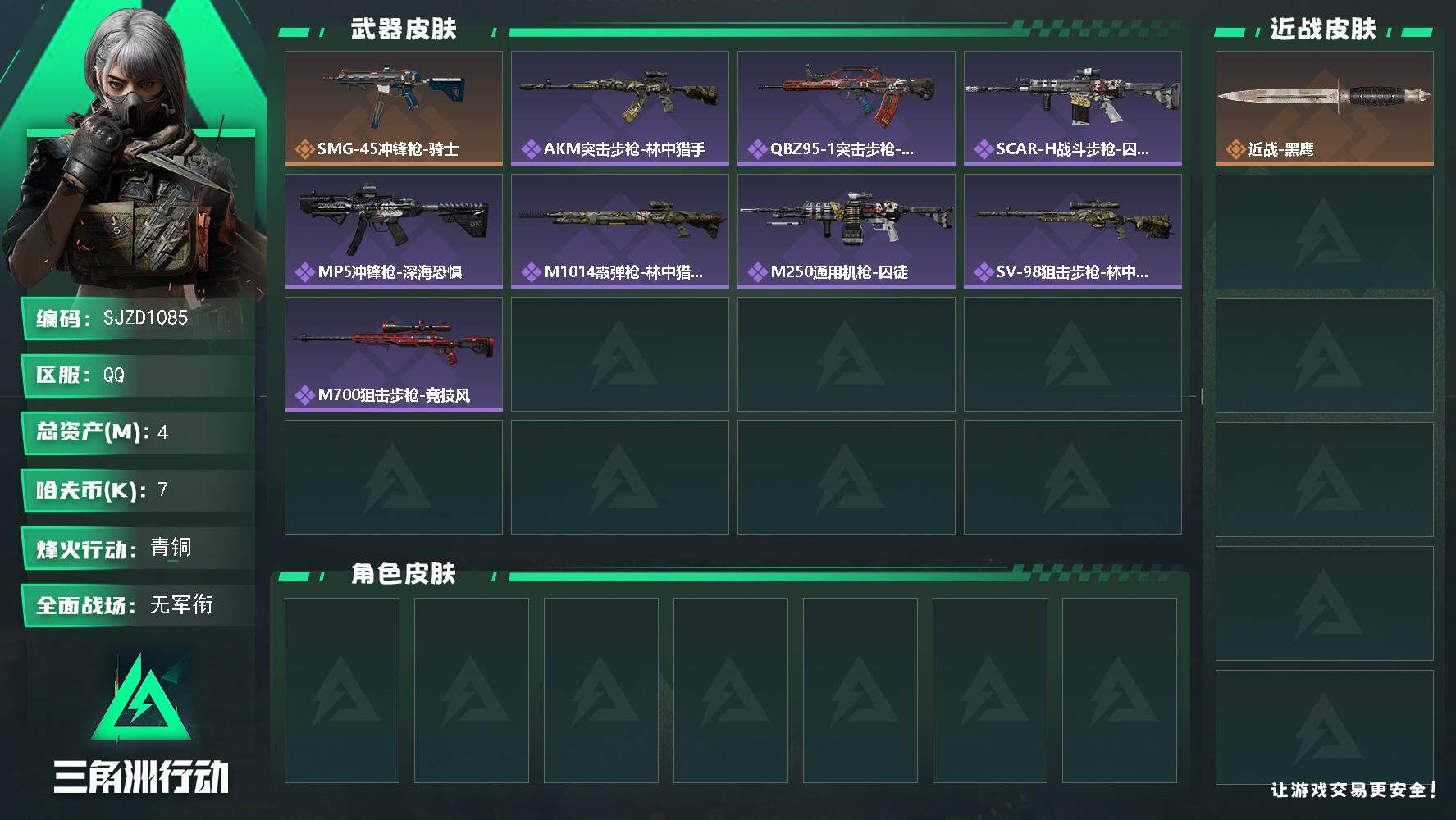 三角洲行动账号QQ【SJZD1085】总资产(M)：4M/哈夫币(K)：7K/哈夫币(K)：7K/全面战场等级：1_段位：无段位/烽火地带等级：58_段位：青铜/近战-黑鹰/SMG-45冲锋枪-骑士/AKM突击步枪-