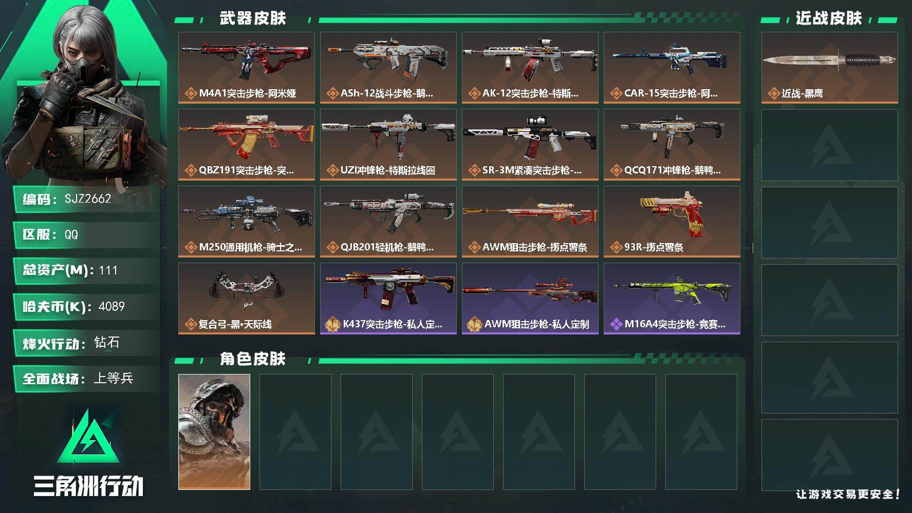 三角洲行动账号QQ【SJZ2662】总资产(M)：111M/哈夫币(K)：4089K/哈夫币(K)：4089K/全面战