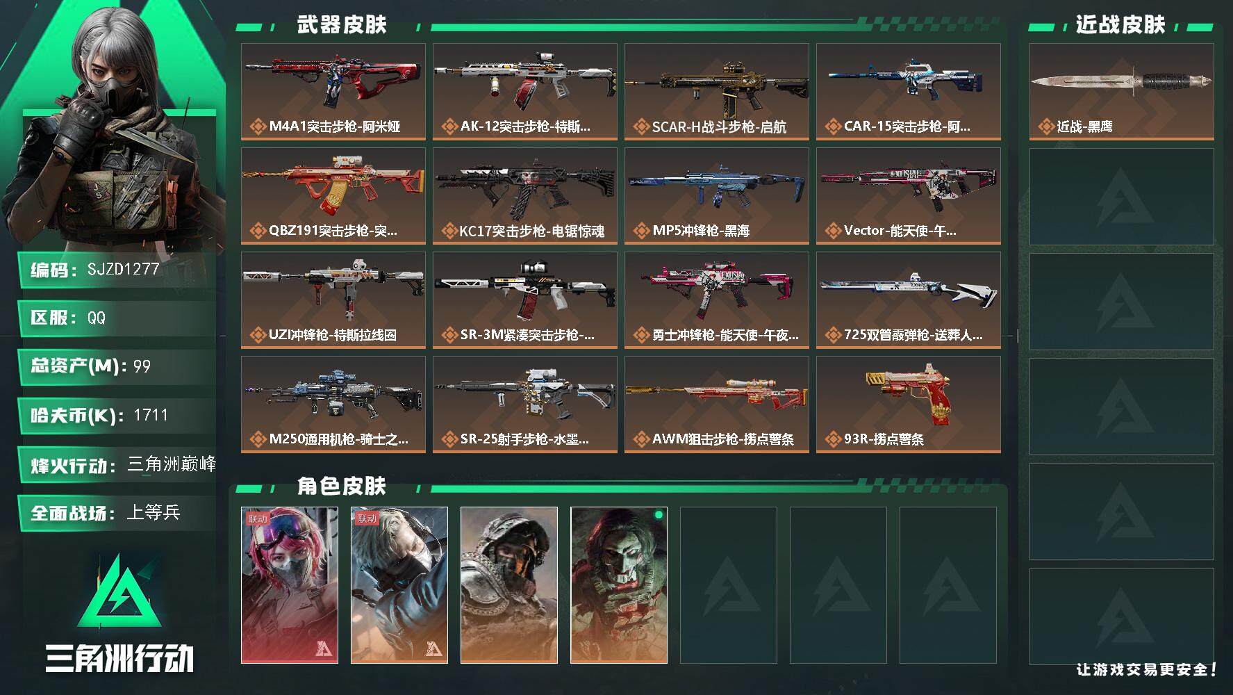 三角洲行动账号QQ【SJZD1277】总资产(M)：99M/哈夫币(K)：1711K/哈夫币(K)：1711K/全面战场等级：50_段位：上等兵/烽火地带等级：60_段位：三角洲巅峰/蛊-能天使午夜邮差/蜂医-送葬人