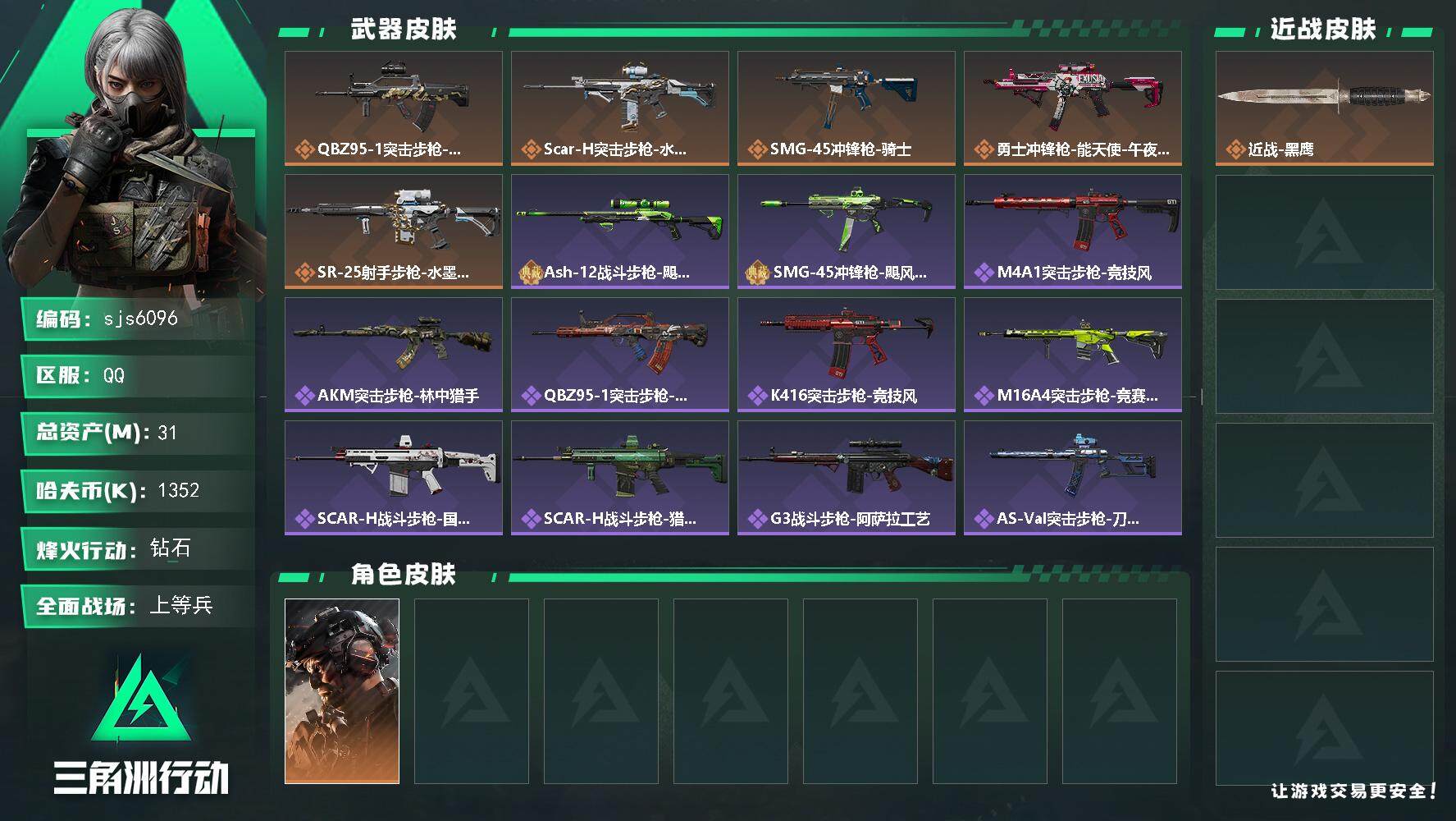 三角洲行动账号QQ【sjs6096】大兵号 高特勤 烽火地带段位: 钻石 全面战场段位: 上等兵 总资产:  哈夫币: