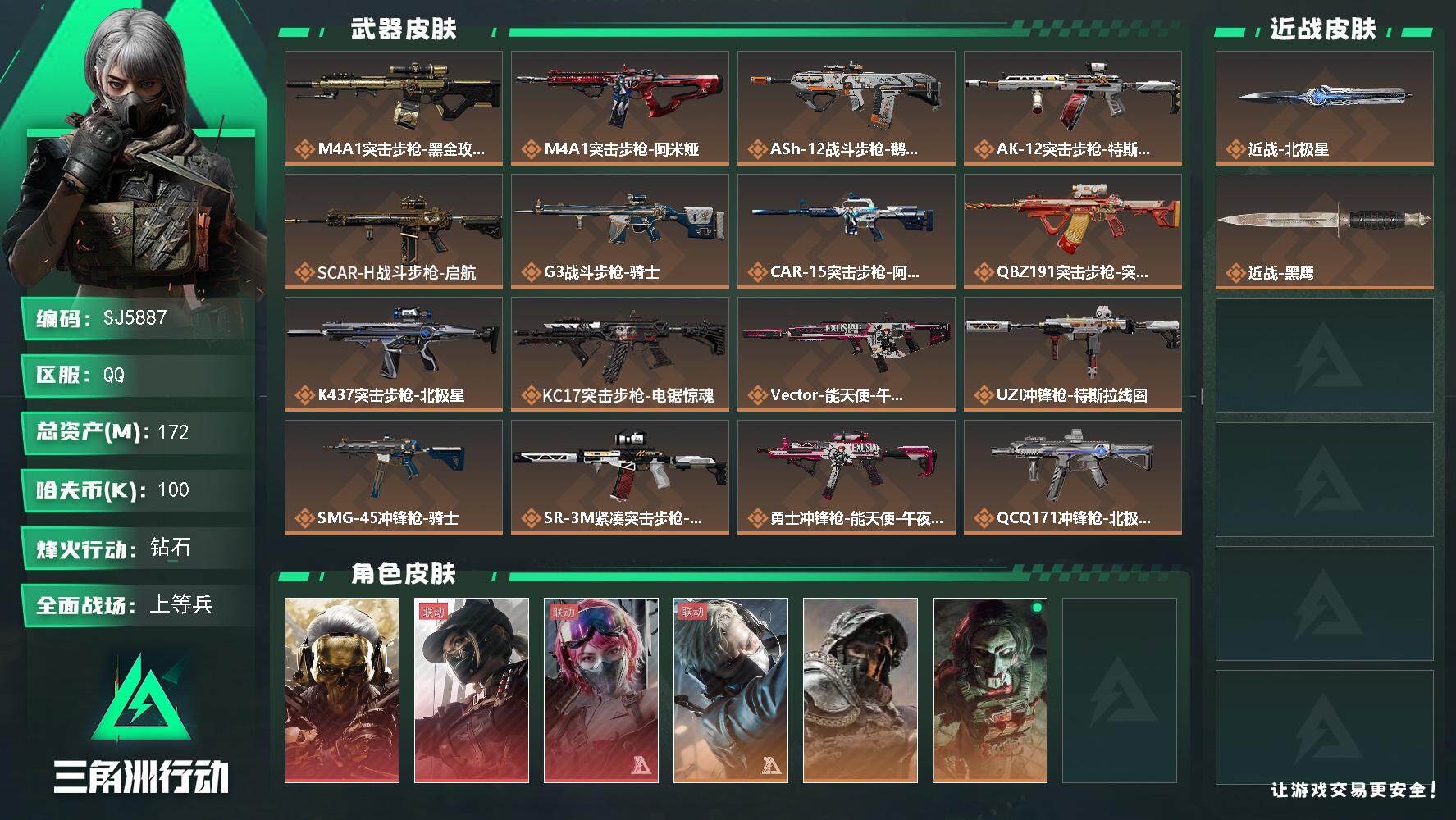 三角洲行动账号QQ【SJ5887】总资产(M)：172M/哈夫币(K)：100K/哈夫币(K)：100K/传说枪皮数：