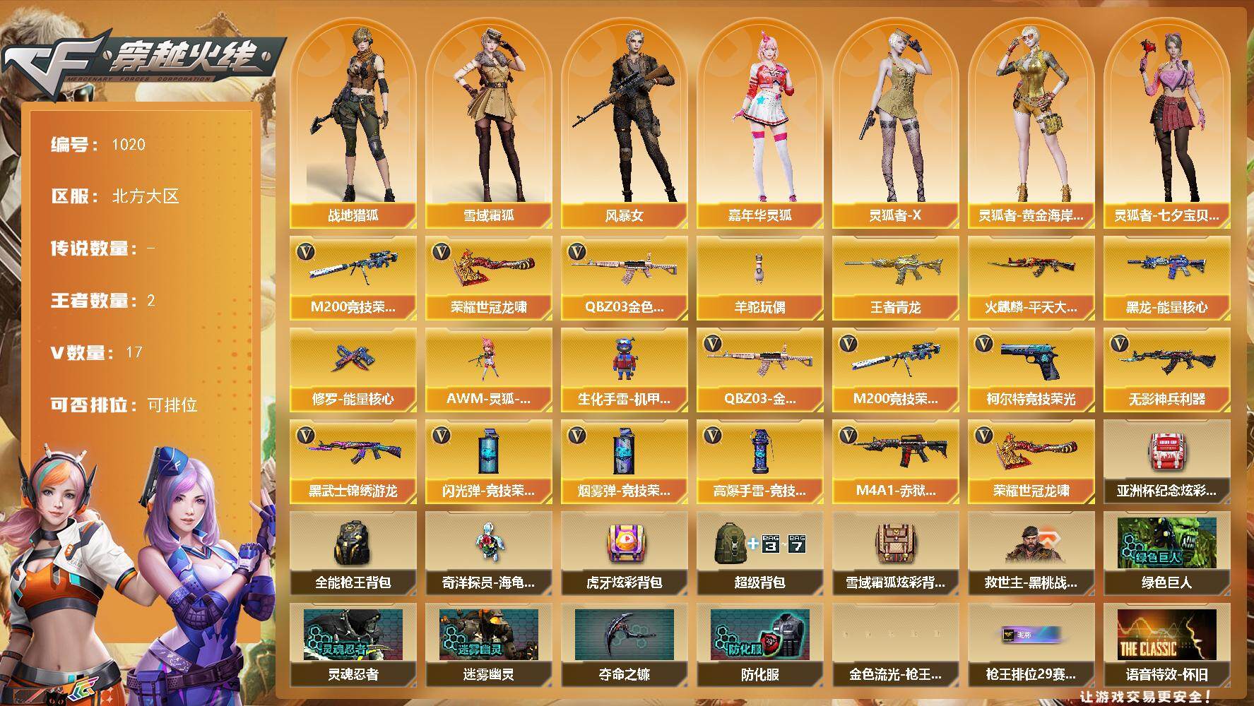 穿越火线账号北部战区北方大区[14675104]北方大区-17V-2王者-0炫金
【热门武器】：QBZ03-金色蔷薇，M200-竞技荣光，羊驼玩偶，荣耀世冠-龙啸
【王者炫金武器】：王者青龙
【皮肤】：火麒麟-平天大圣，黑龙-能