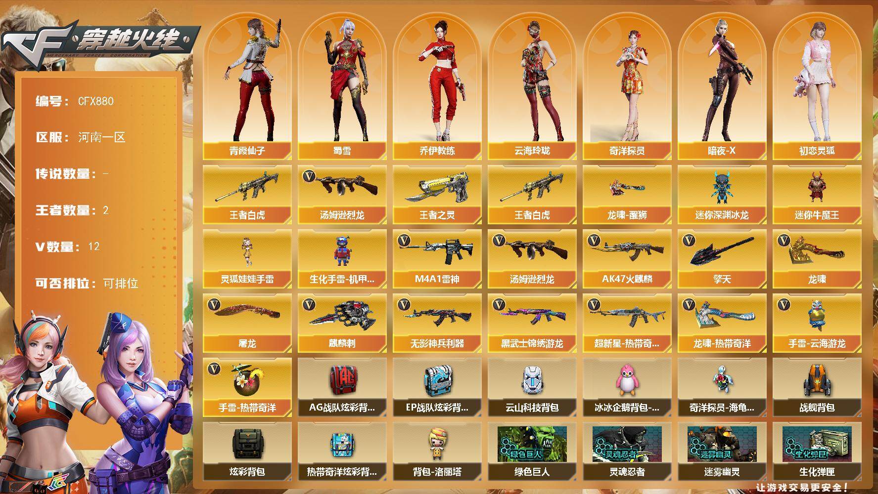 穿越火线账号北部战区河南一区【CFX880】12V/100级/元帅/2王者/王者白虎/汤姆逊-烈龙/王者之灵/龙啸-醒狮 皮肤/奇洋探员/乔伊教练/云海玲珑/暗夜-X/初恋灵狐/飞虎队-X/风暴女/娟娟/兰-新年限定/灵狐者-