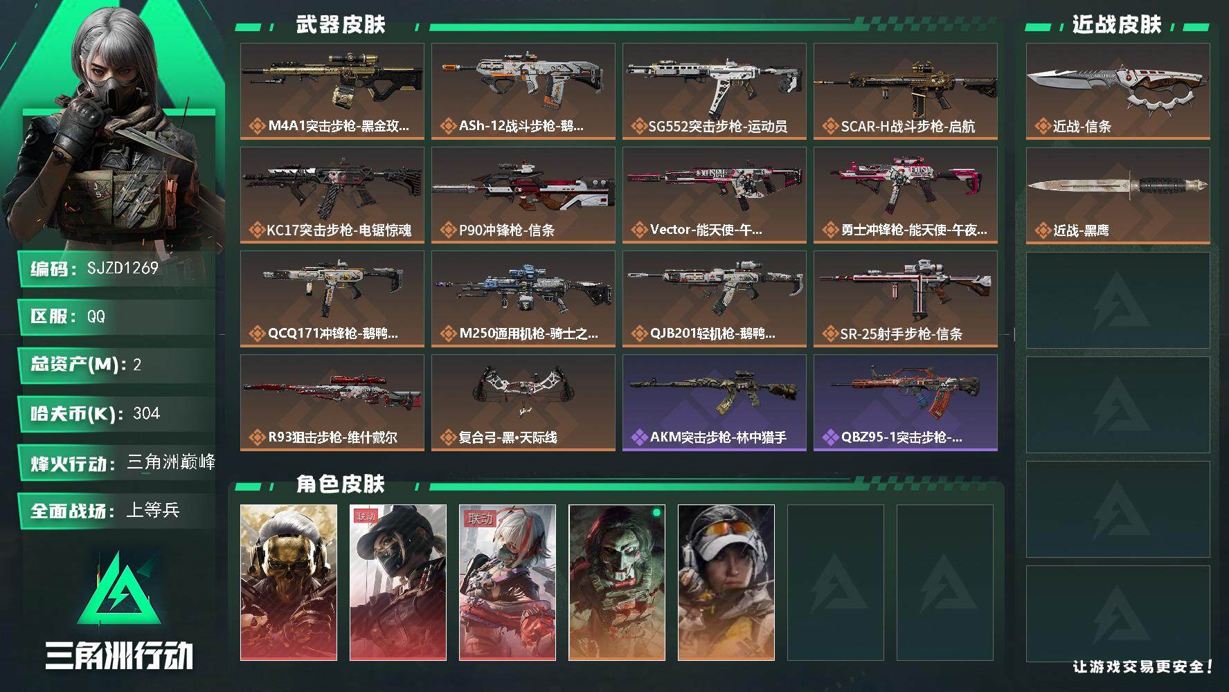 三角洲行动账号QQ【SJZD1269】总资产(M)：2M/哈夫币(K)：304K/哈夫币(K)：304K/全面战场等级