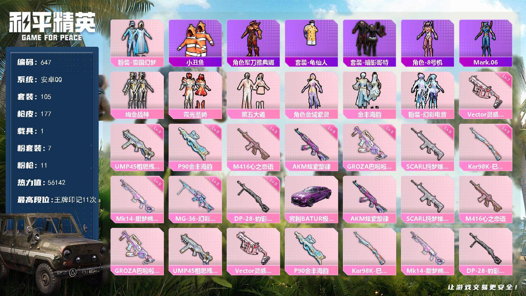 和平精英账号安卓QQ1载具-105套装-177枪皮-105套装/枪械11/装备209/载具1/战备116/王牌印记11/