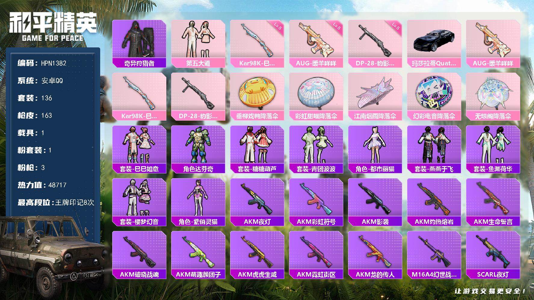 和平精英账号安卓QQ【HPN1382】136套装/枪械3/装备186/载具1/战备101/王牌印记8/热力值48717/五级AUG-暖羊咩咩/五级Kar98K-巳巳如意/五级DP-28-豹影疾电/奇异狩猎者/粉装-第五