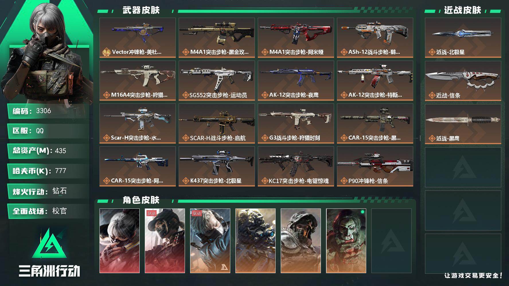 三角洲行动账号QQ总资产(M)：435M/哈夫币(K)：777K/哈夫币(K)：777K/全面战场等级：38_段位：校