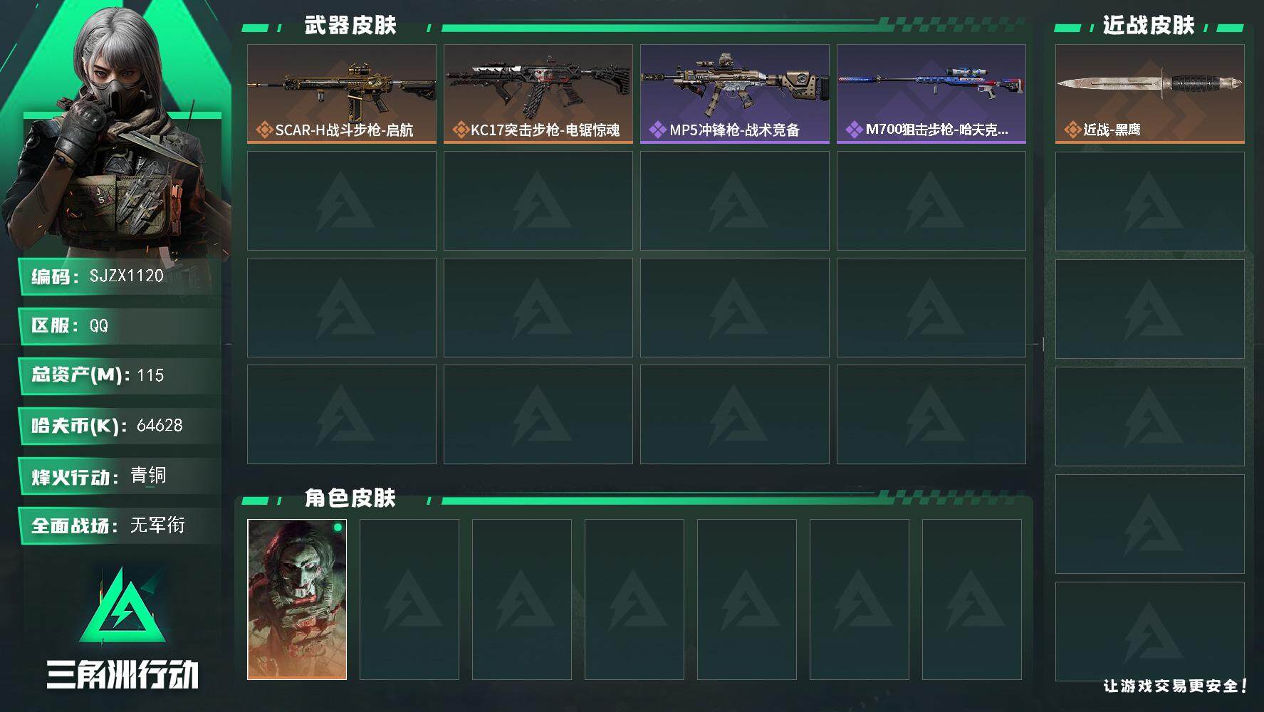 三角洲行动账号QQ【SJZX1120】总资产(M)：115M/哈夫币(K)：64628K/哈夫币(K)：64628K/