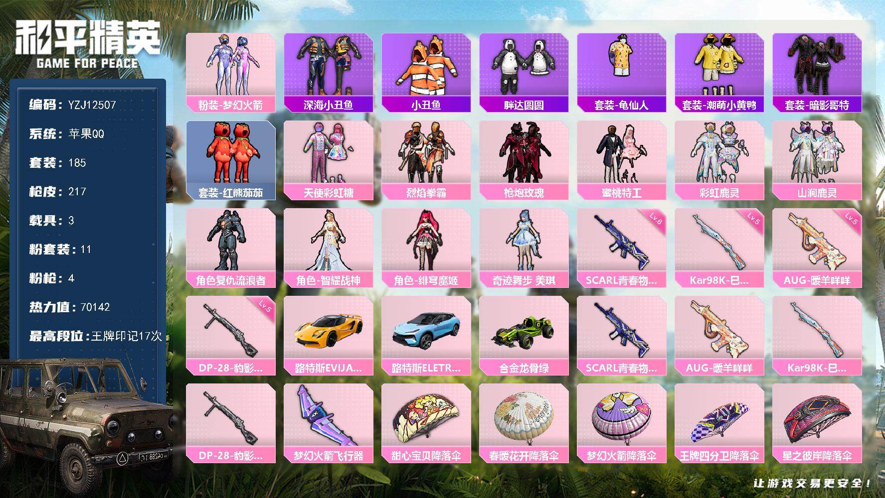 和平精英账号苹果QQ3载具-185套装-217枪皮-YZJ12507-可二次-苹果Q-1稀有3载具11粉装4特效枪【公主