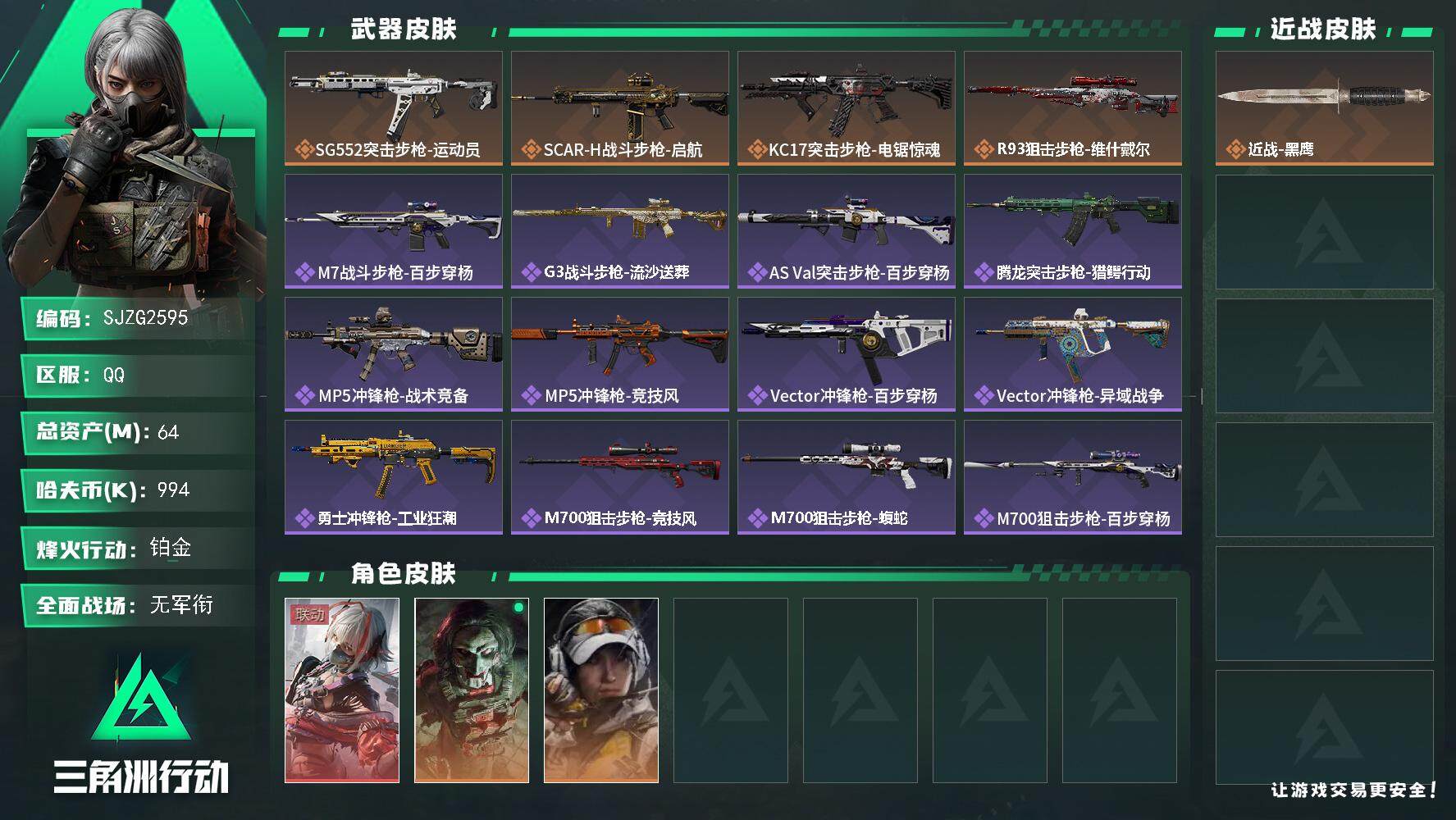 三角洲行动账号QQ【SJZG2595】总资产(M)：64M/哈夫币(K)：994K/哈夫币(K)：994K/全面战场等