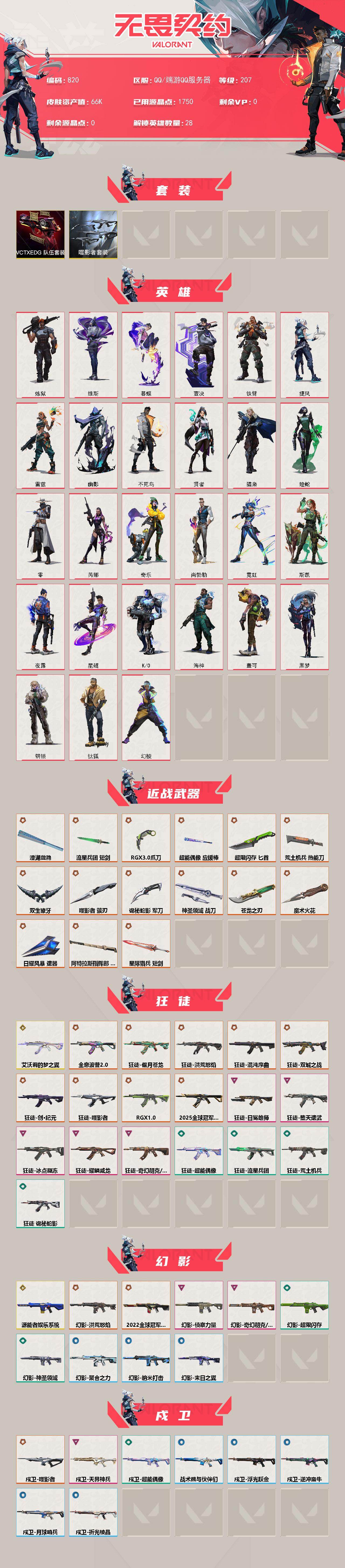 【套装】：噬影者套装，VCTxEDG 队伍套装
【英雄】：幻棱，炼狱，维斯，暮蝶，钛狐，壹决，铁臂，捷风，雷兹，幽影，不死鸟，贤者，猎枭，蝰蛇，零，芮娜，奇乐，尚勃勒，霓虹，斯凯，夜露，星礈，K/O